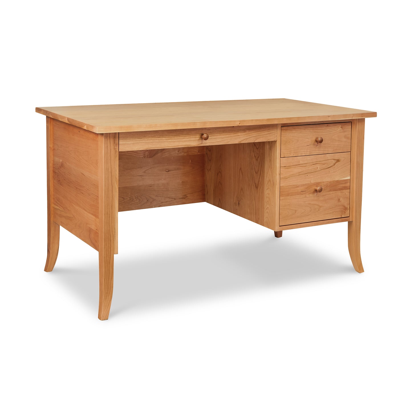 Lyndon Furniture Small Wood Flare Leg Executive Desk with flat top and three drawers, showcasing elegant wood craftsmanship and distinctive flared legs.