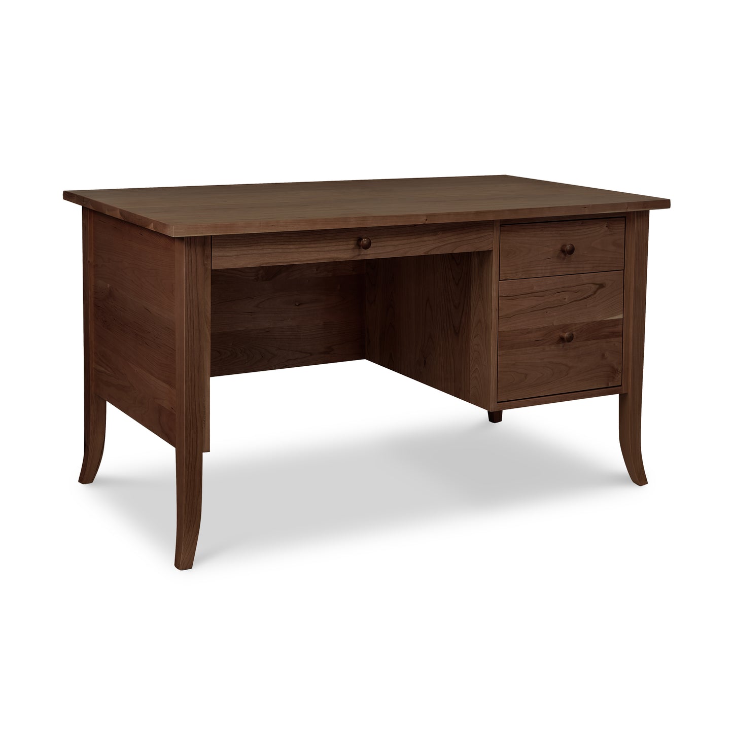 Lyndon Furniture Small Wood Flare Leg Executive Desk with three right drawers, center drawer, and distinctive curved flare legs.