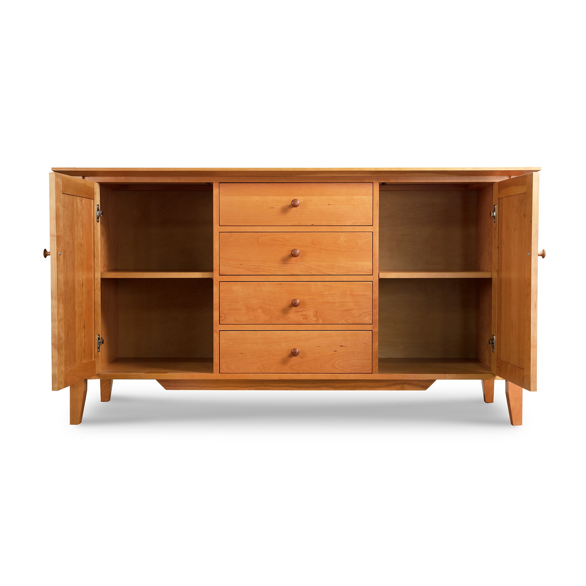 Lyndon Furniture Classic Shaker Large Buffet with doors, four drawers, and shelves crafted from sustainably harvested hardwoods.