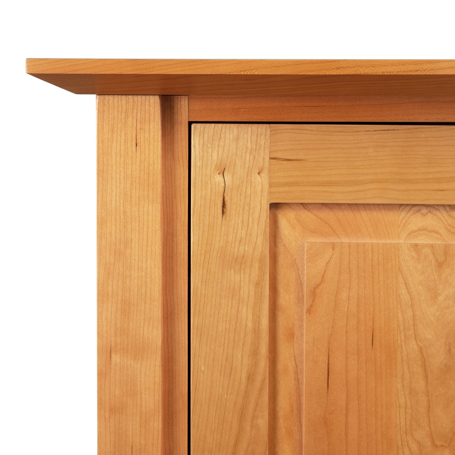 Lyndon Furniture Classic Shaker Large Buffet corner highlighting the rich grain and texture of sustainably harvested hardwood.