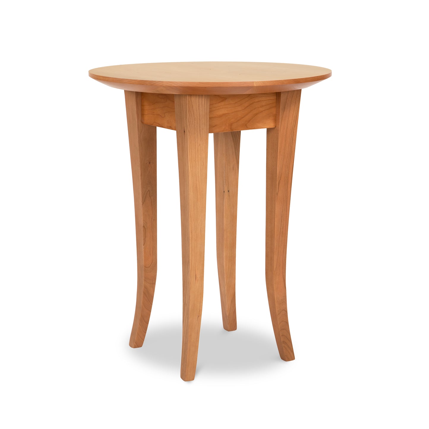 Lyndon Furniture Classic Shaker end table with round top, flared curved legs, and smooth light wood finish.