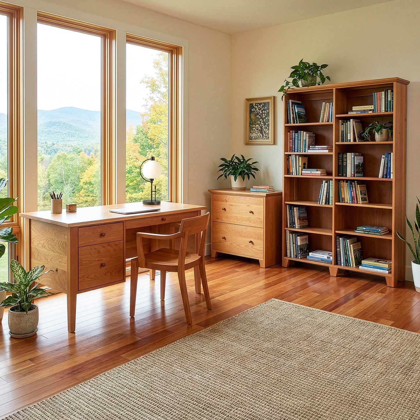 Home office featuring a Lyndon Furniture Shaker Wide Bookcase and premium wooden desk, highlighting American-made hardwood craftsmanship.