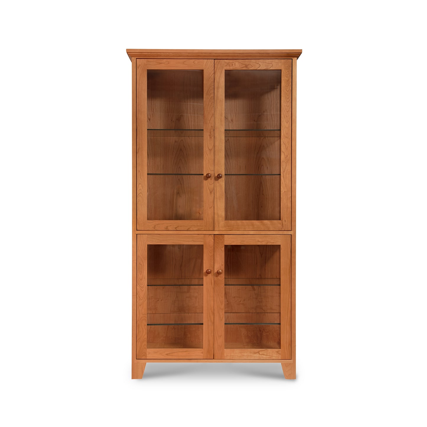 A handcrafted Lyndon Furniture Classic Vermont curio cabinet made from sustainable wood, featuring glass doors.