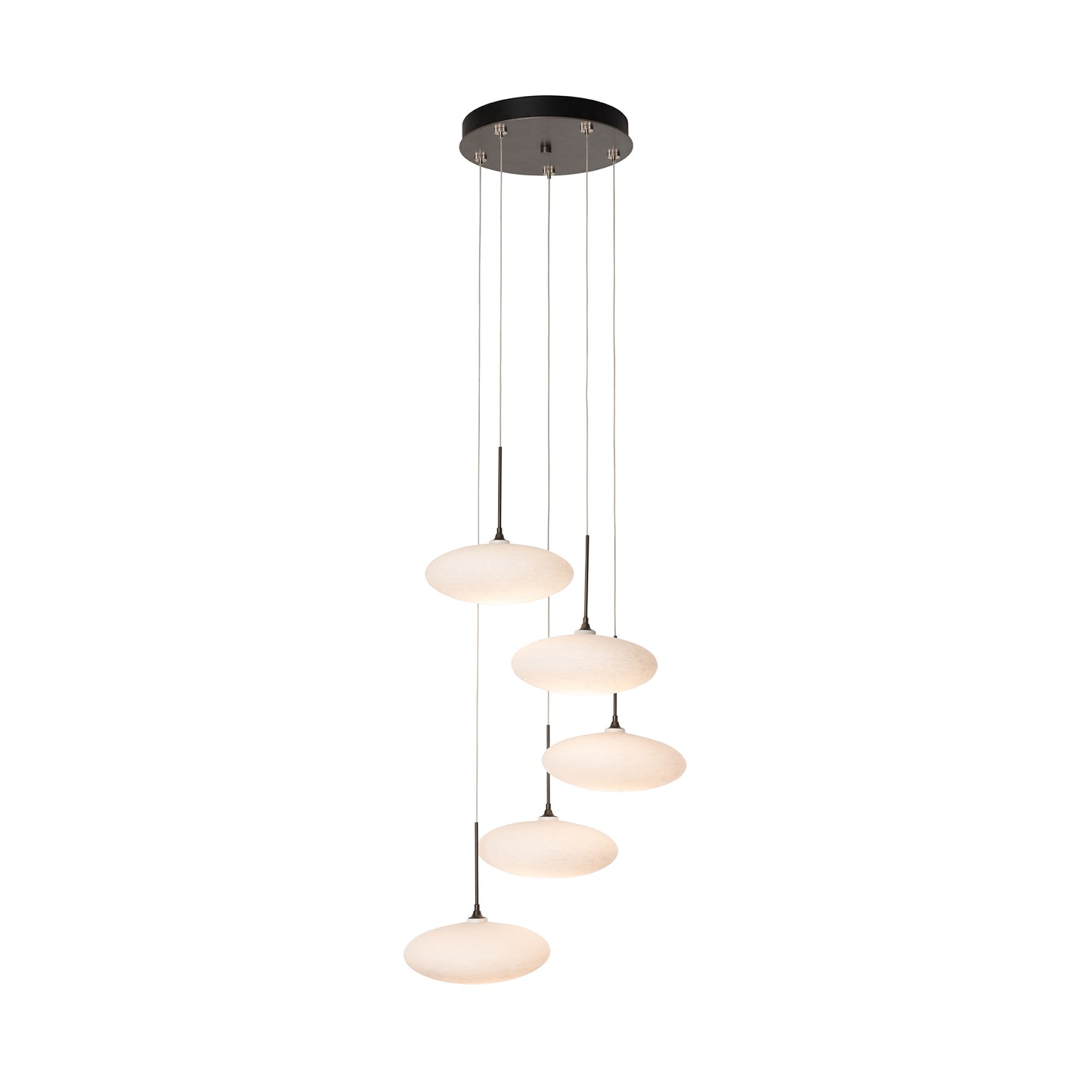 Hubbardton Forge Clouds 5-Light Pendant with hand-blown glass shades suspended at different heights on a modern black mount.