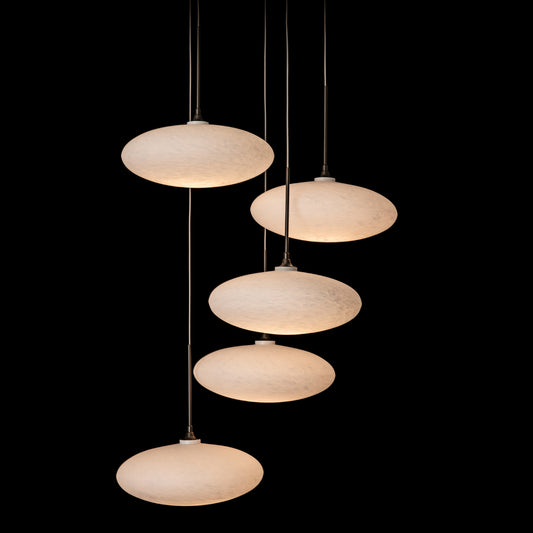 Hubbardton Forge Clouds 5-Light Pendant with five round white lights suspended at varying heights, showcasing modern American craftsmanship.