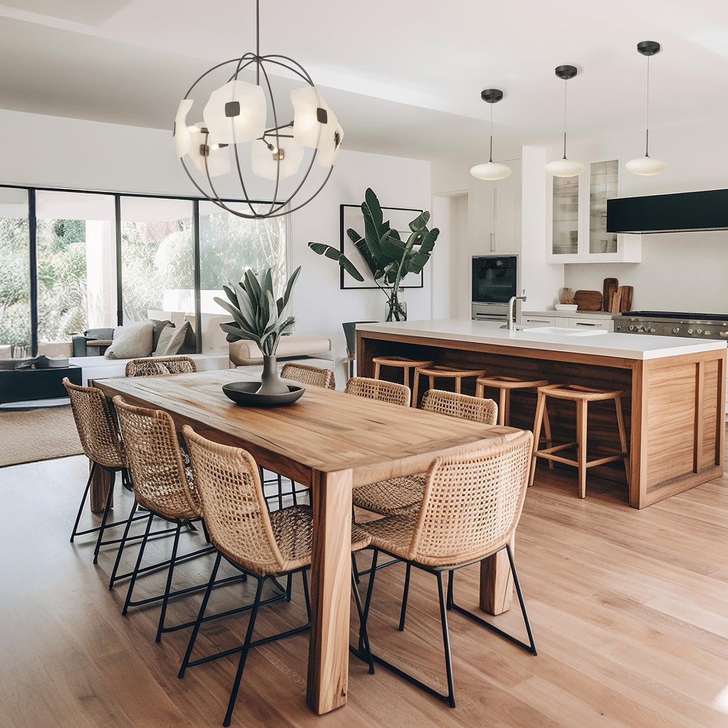 Solid wood dining table with matching wicker chairs in a modern kitchen, showcasing handcrafted American furniture design.