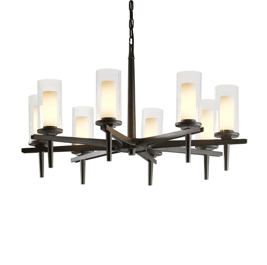 A Hubbardton Forge Constellation 8-Arm Chandelier with frosted glass shades, perfect for elegant lighting.