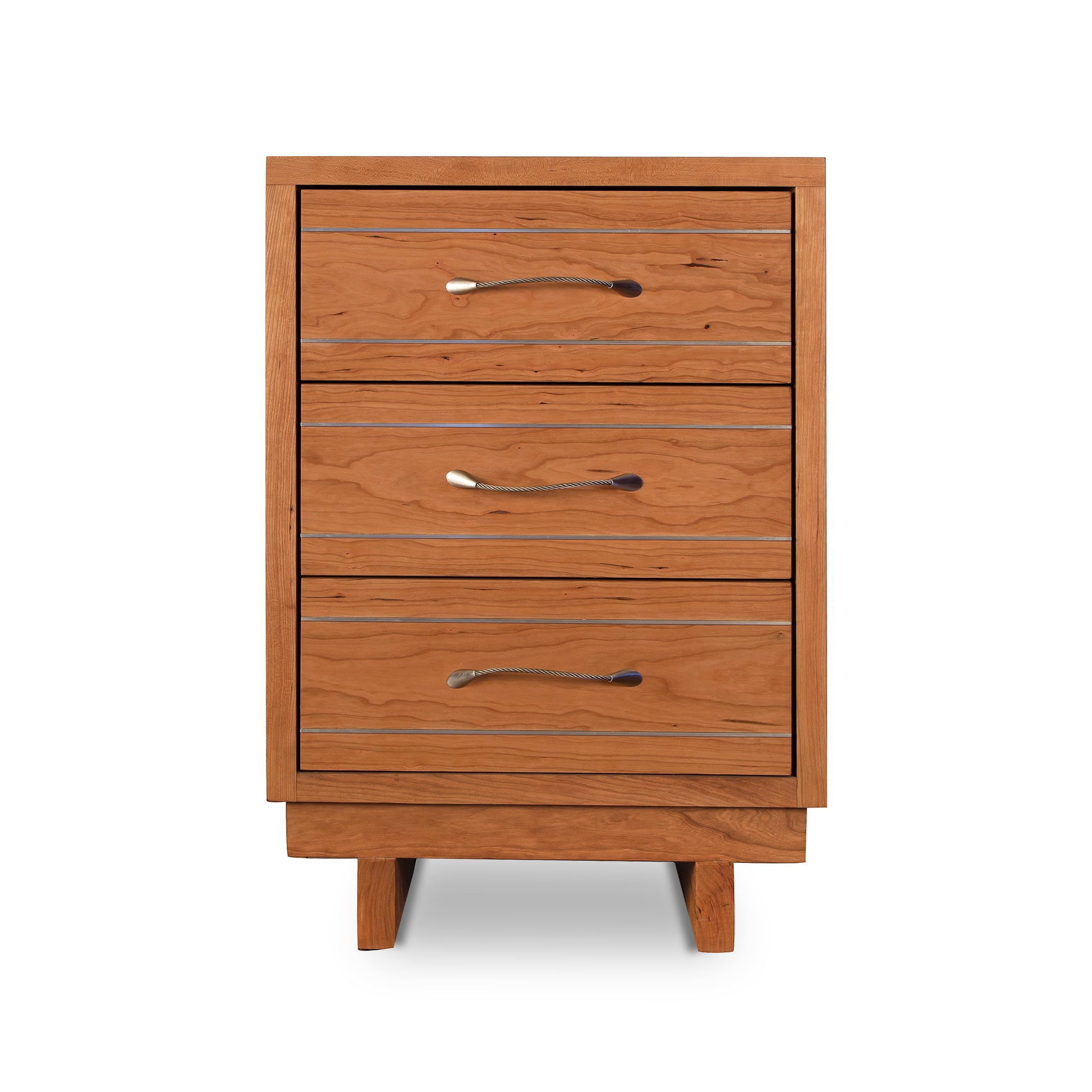 Vermont Furniture Designs Contemporary Cable 3-Drawer Nightstand in natural wood with silver handles, highlighting modern craftsmanship.