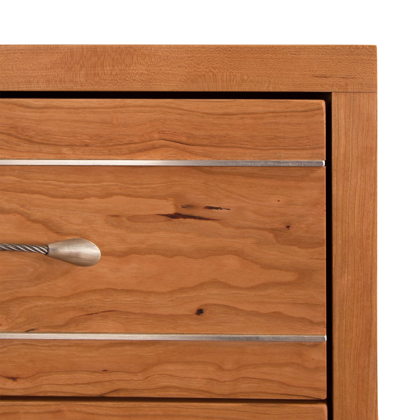 Vermont Furniture Designs Contemporary Cable 3-Drawer Nightstand with metal handles and distinctive natural wood grain, handcrafted in Vermont.