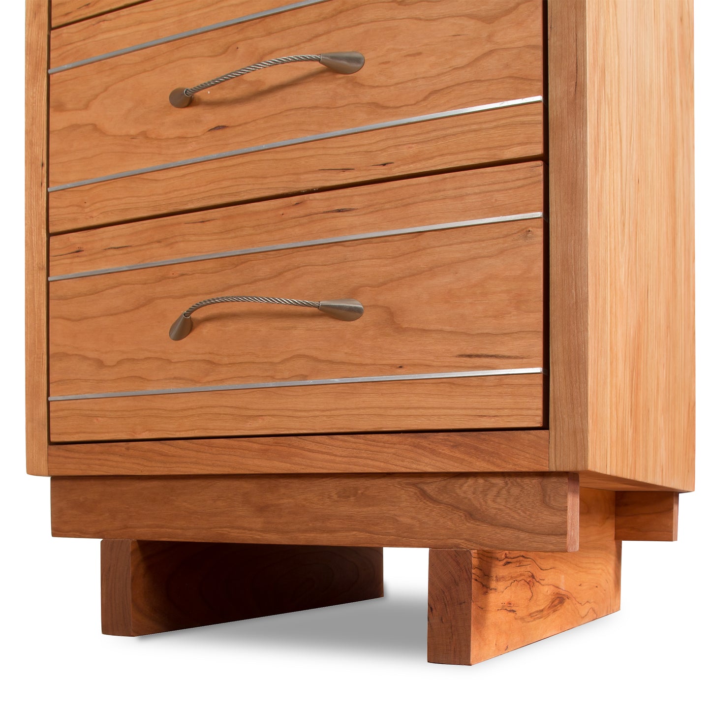 Vermont Furniture Designs Contemporary Cable 3-Drawer Nightstand featuring cable pulls and block-style solid hardwood legs in a close-up view.