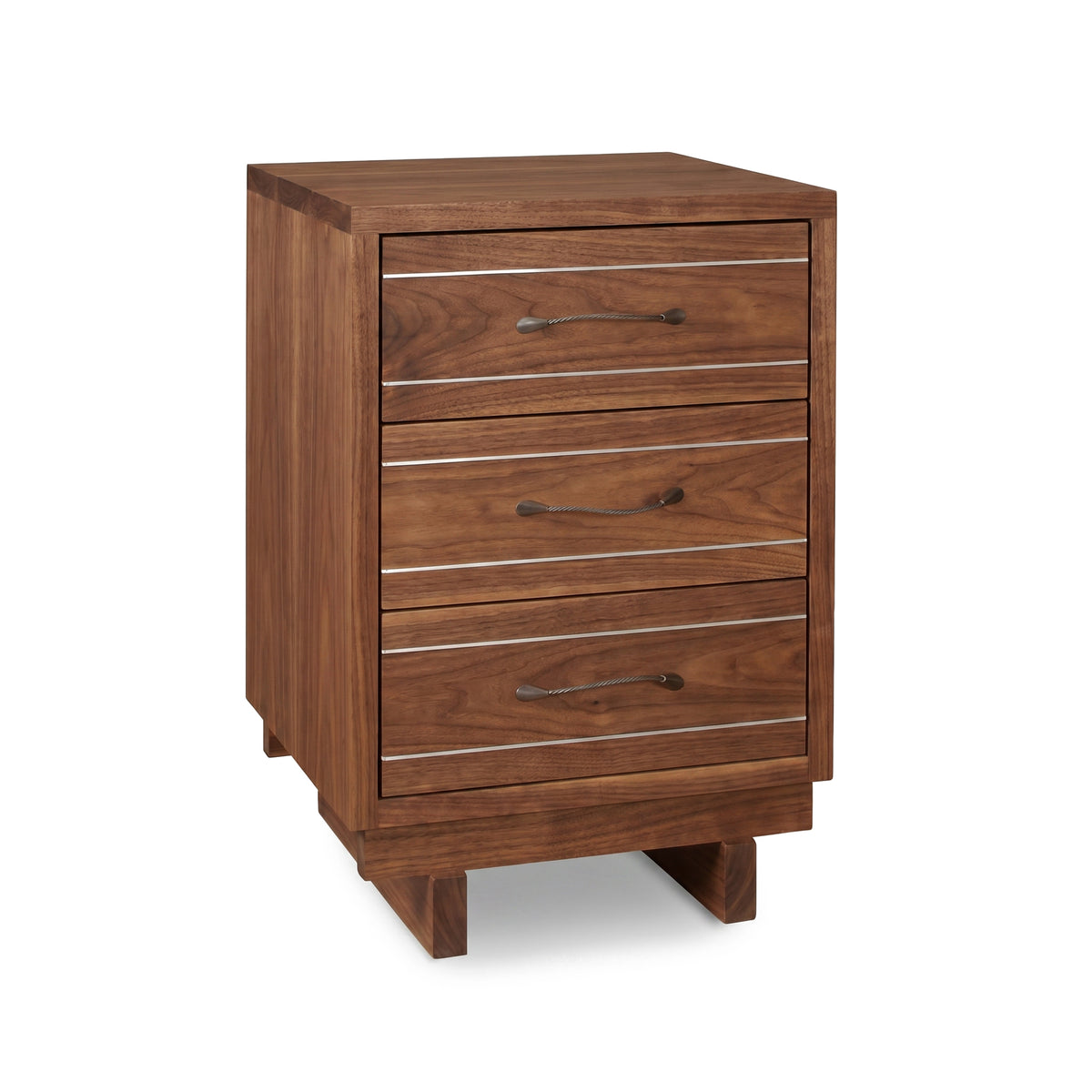 Contemporary Cable 3-Drawer Nightstand by Vermont Furniture Designs with sleek metal handles and a natural wood finish, crafted in the USA.