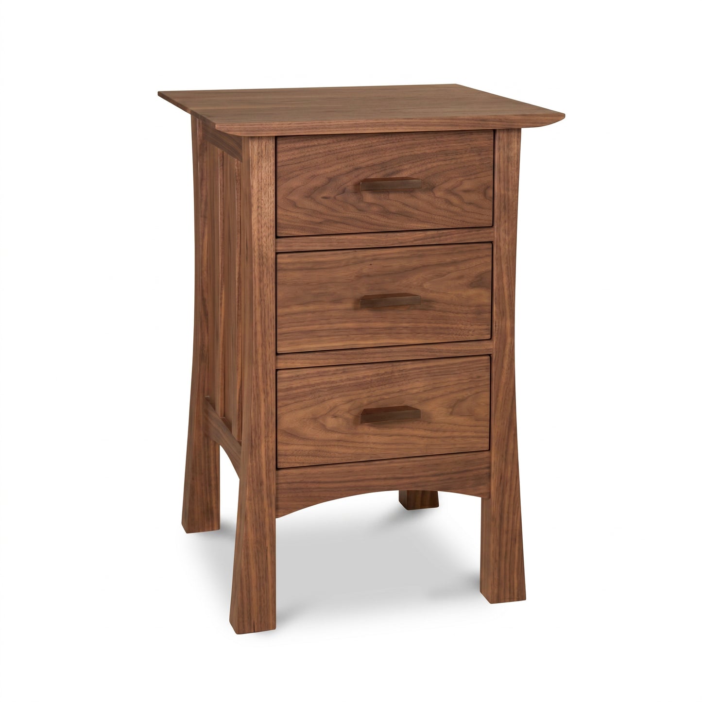 Contemporary Craftsman 3-Drawer Nightstand by Vermont Furniture Designs, featuring flared legs and a smooth top, handcrafted from solid American wood.