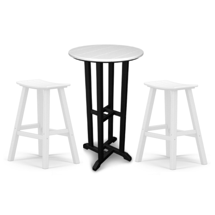 POLYWOOD Contempo Bar Height Bistro 3-Piece Set featuring a round table and two white stools, expertly crafted for stylish, durable outdoor seating.
