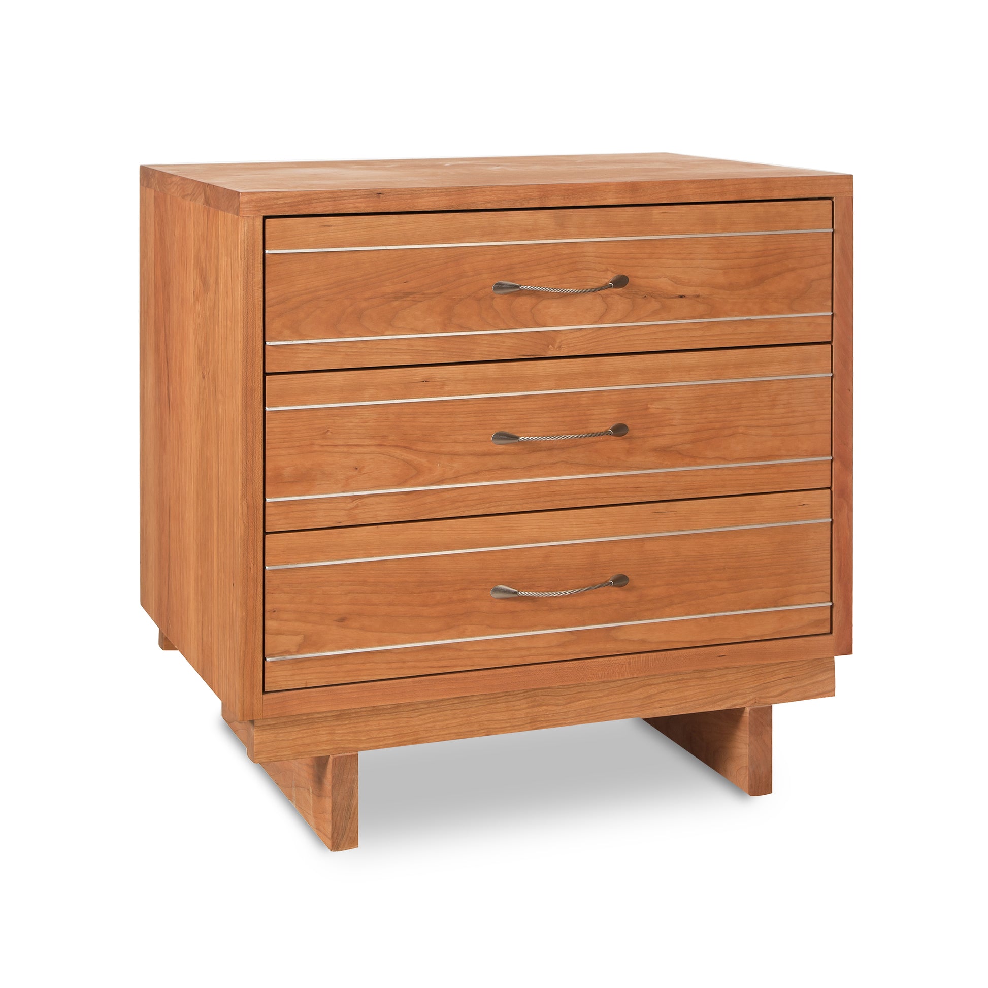 Contemporary Cable 3-Drawer Chest crafted from solid wood with sleek metal handles and sturdy short legs, showcasing modern design and expert craftsmanship.