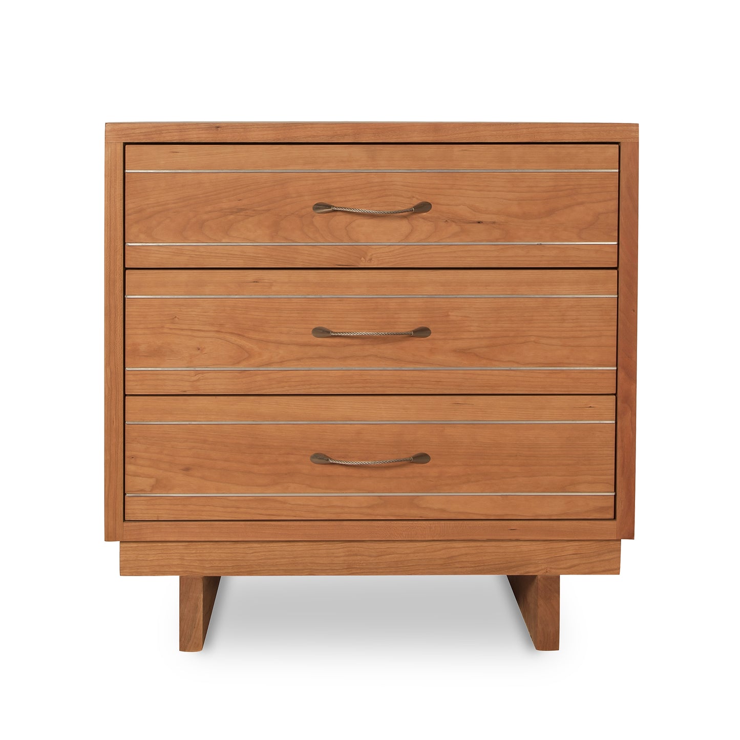 A solid wood, three-drawer Contemporary Cable 3-Drawer Chest with horizontal handles on a white background, handcrafted by Vermont Furniture Designs.