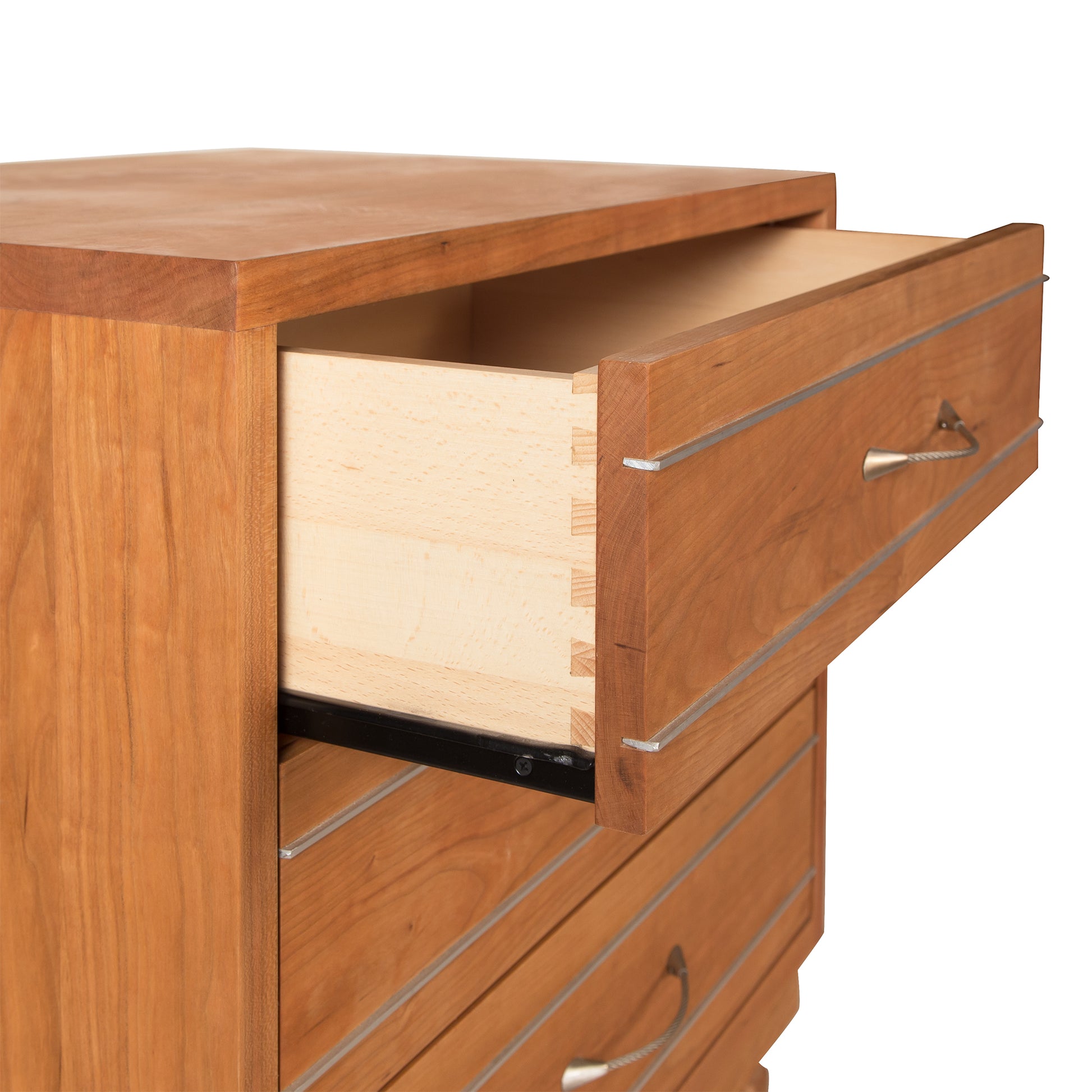 Contemporary Cable 3-Drawer Chest by Vermont Furniture Designs with dovetail joints and metal slides, drawers open, highlighting craftsmanship.