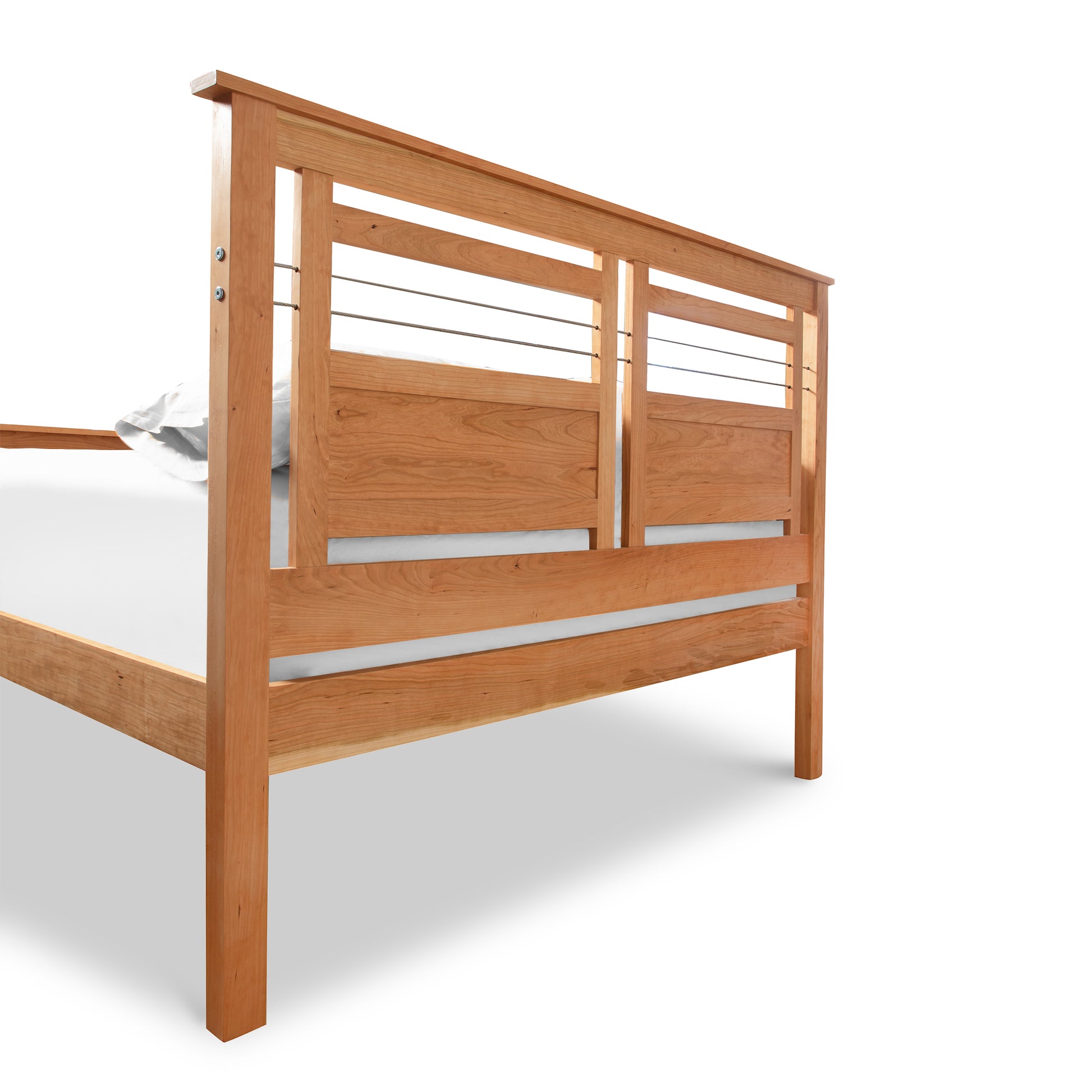Contemporary Cable Bed with a wooden frame, horizontal slat headboard, metal accents, and eco-friendly finish by Vermont Furniture Designs.