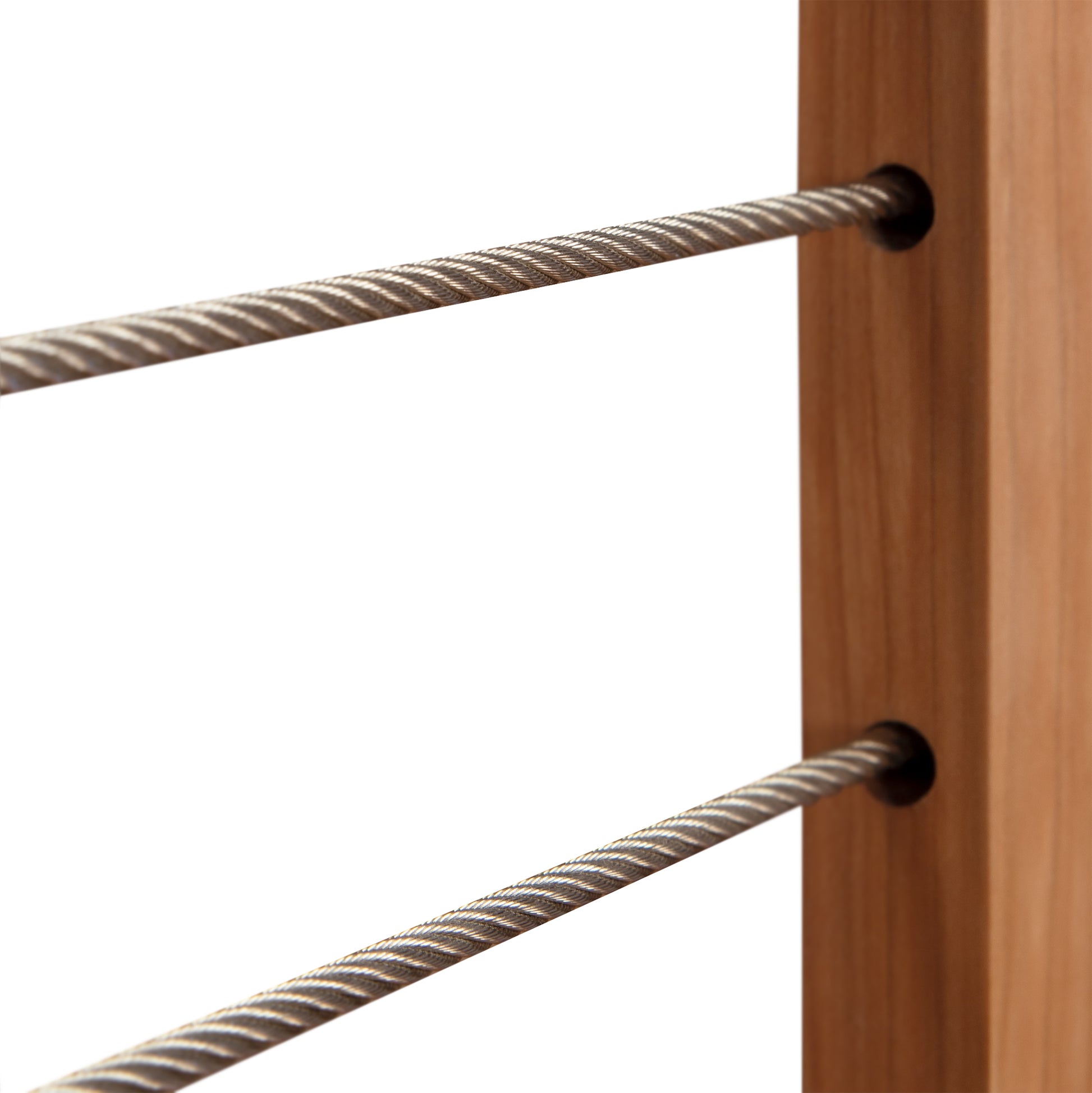 Three horizontal metal rods attached to a vertical solid hardwood post, isolated on a white background, Vermont Furniture Designs' Contemporary Cable Bed.