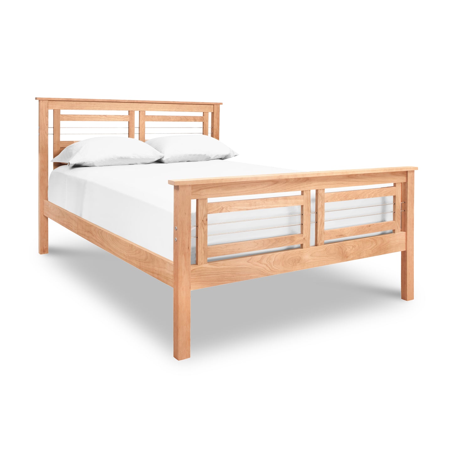 Contemporary Cable Bed with slatted headboard, eco-friendly hardwood construction, white mattress and pillows.