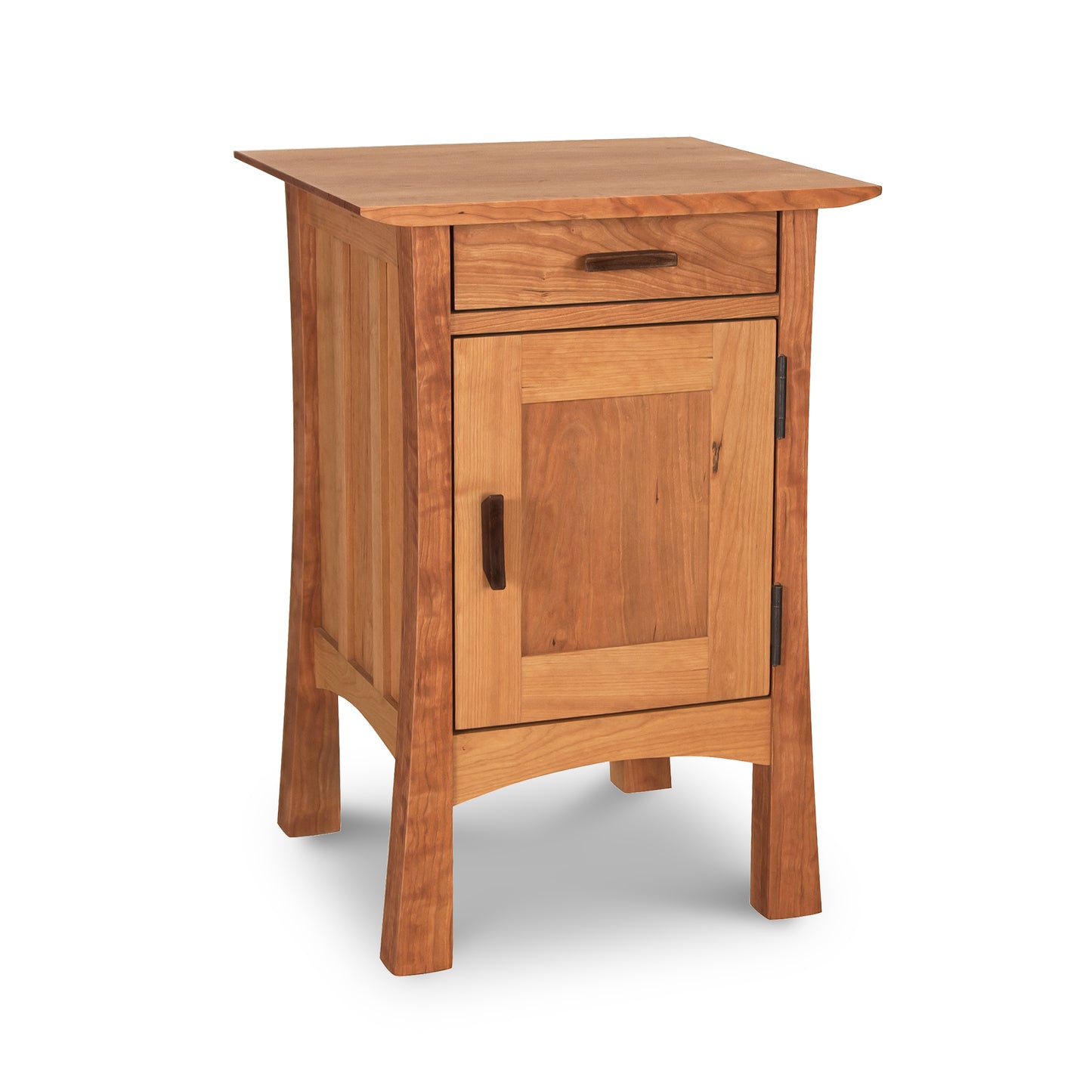 Contemporary Craftsman 1-Drawer Nightstand by Vermont Furniture Designs with dark metal handles, single drawer, and door in an eco-friendly oil finish.