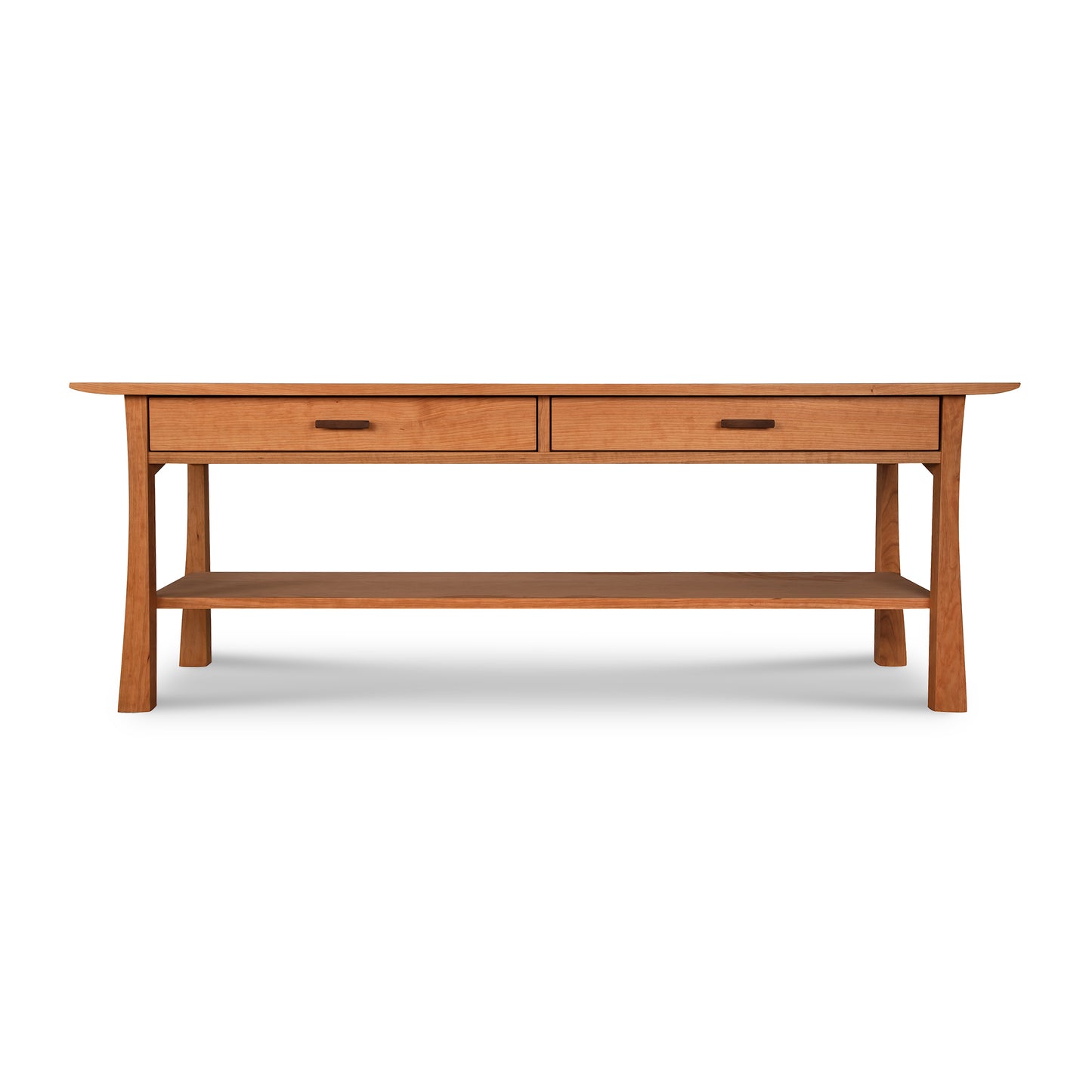 Contemporary Craftsman Console Coffee Table made of solid hardwood with two drawers and a shelf, handcrafted by Vermont Furniture Designs.