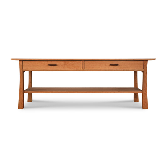 Contemporary Craftsman Console Coffee Table made of solid hardwood with two drawers and a shelf, handcrafted by Vermont Furniture Designs.