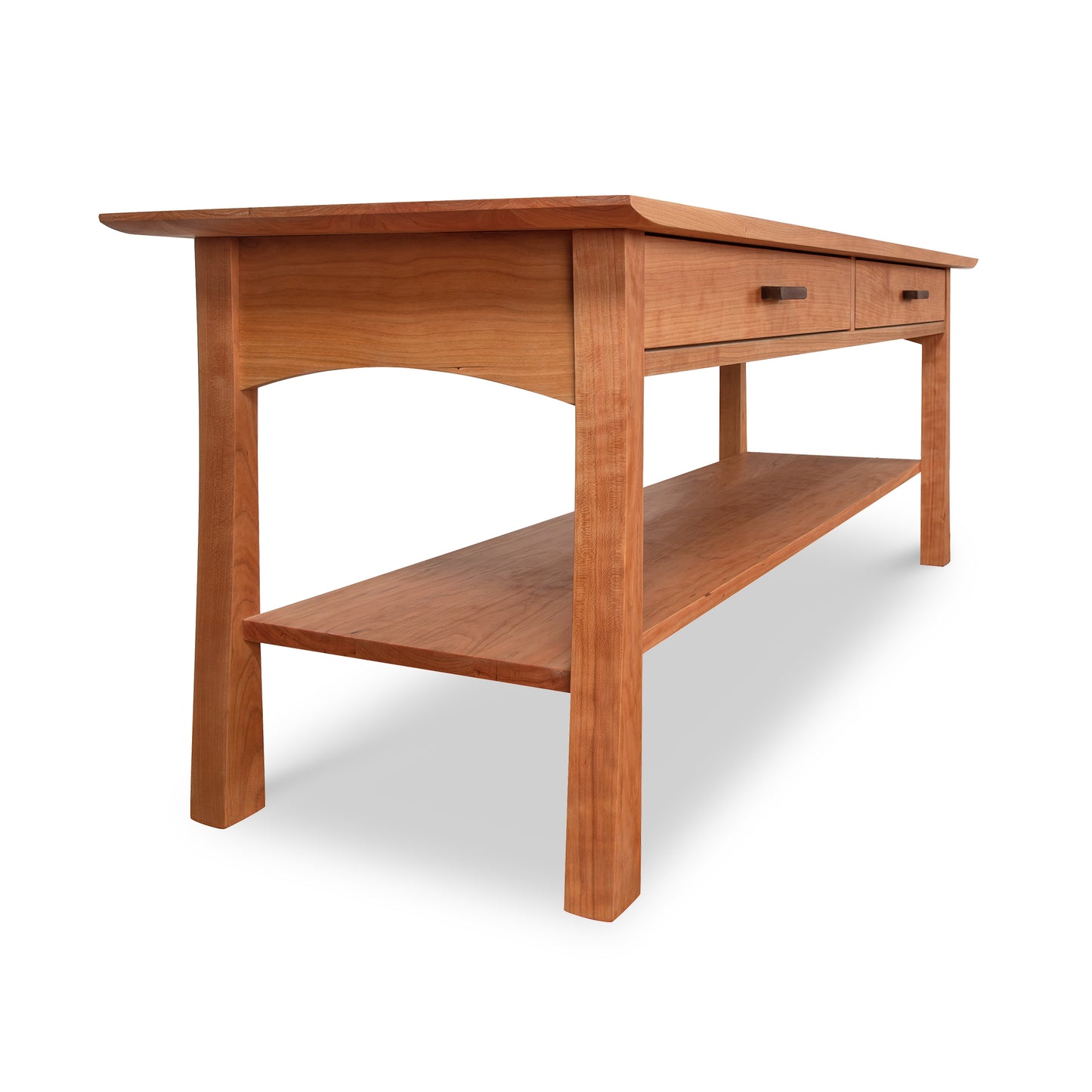 Contemporary Craftsman Console Coffee Table by Vermont Furniture Designs with a single drawer and lower shelf, isolated on a white background, crafted from solid hardwoods with an eco-friendly oil finish.
