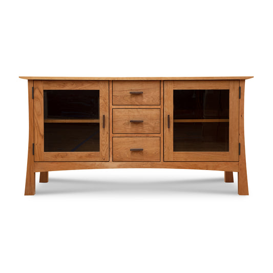 Contemporary Craftsman 3-Drawer Media Console by Vermont Furniture Designs with three drawers and glass-front cabinets, crafted from fine wood.