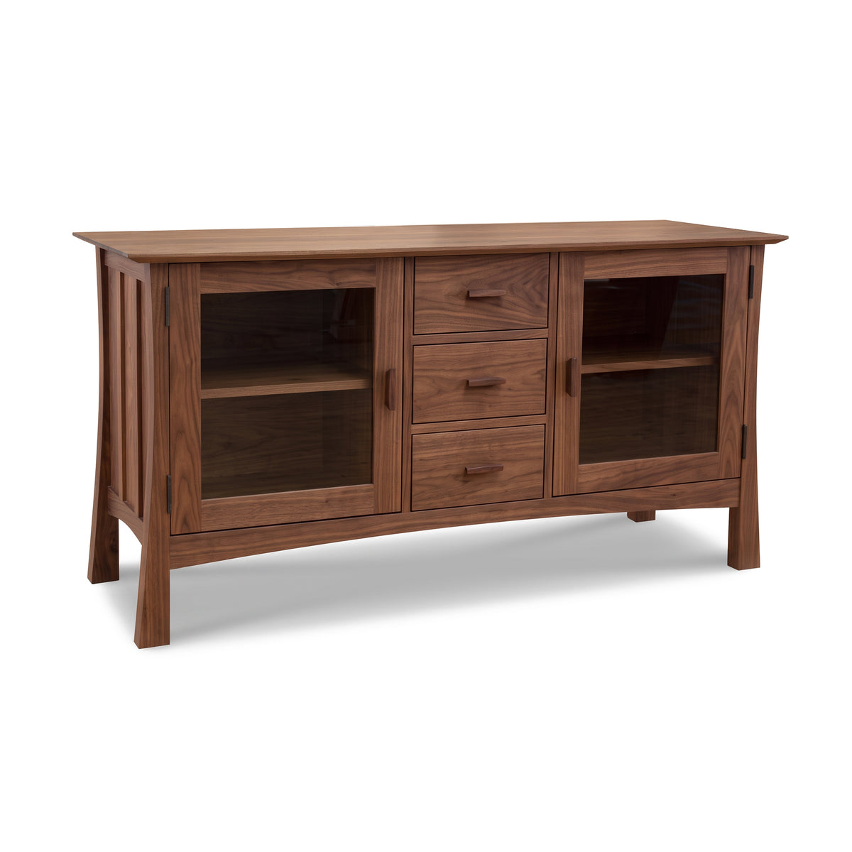 Contemporary Craftsman 3-Drawer Media Console by Vermont Furniture Designs, featuring eco-friendly solid wood and glass-front cabinets.