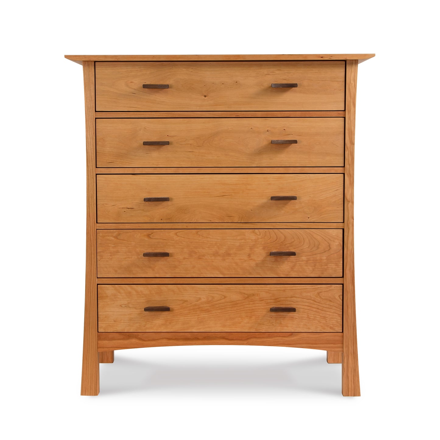 A Contemporary Craftsman 5-Drawer Chest from Vermont Furniture Designs with metal handles on a white background.