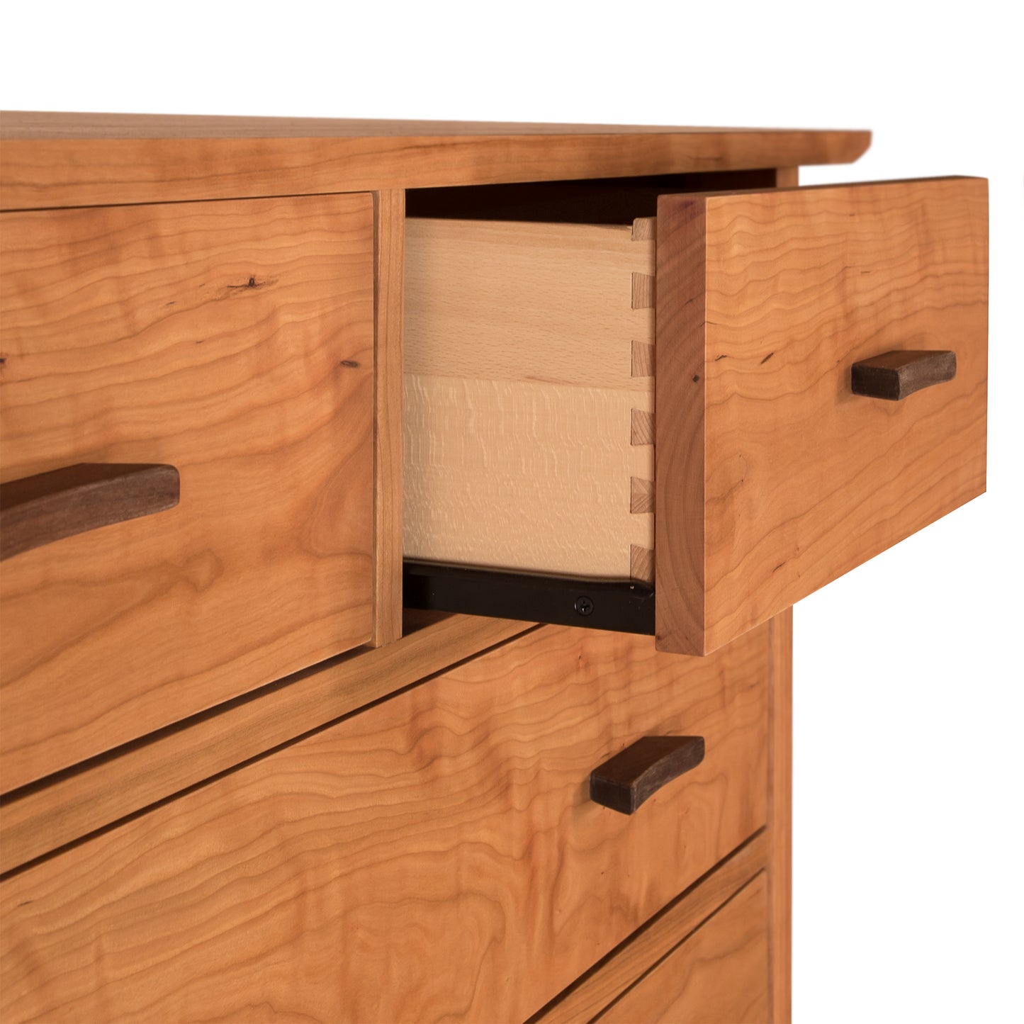 Contemporary Craftsman 7-Drawer Chest by Vermont Furniture Designs with an open drawer showcasing dovetail joinery.