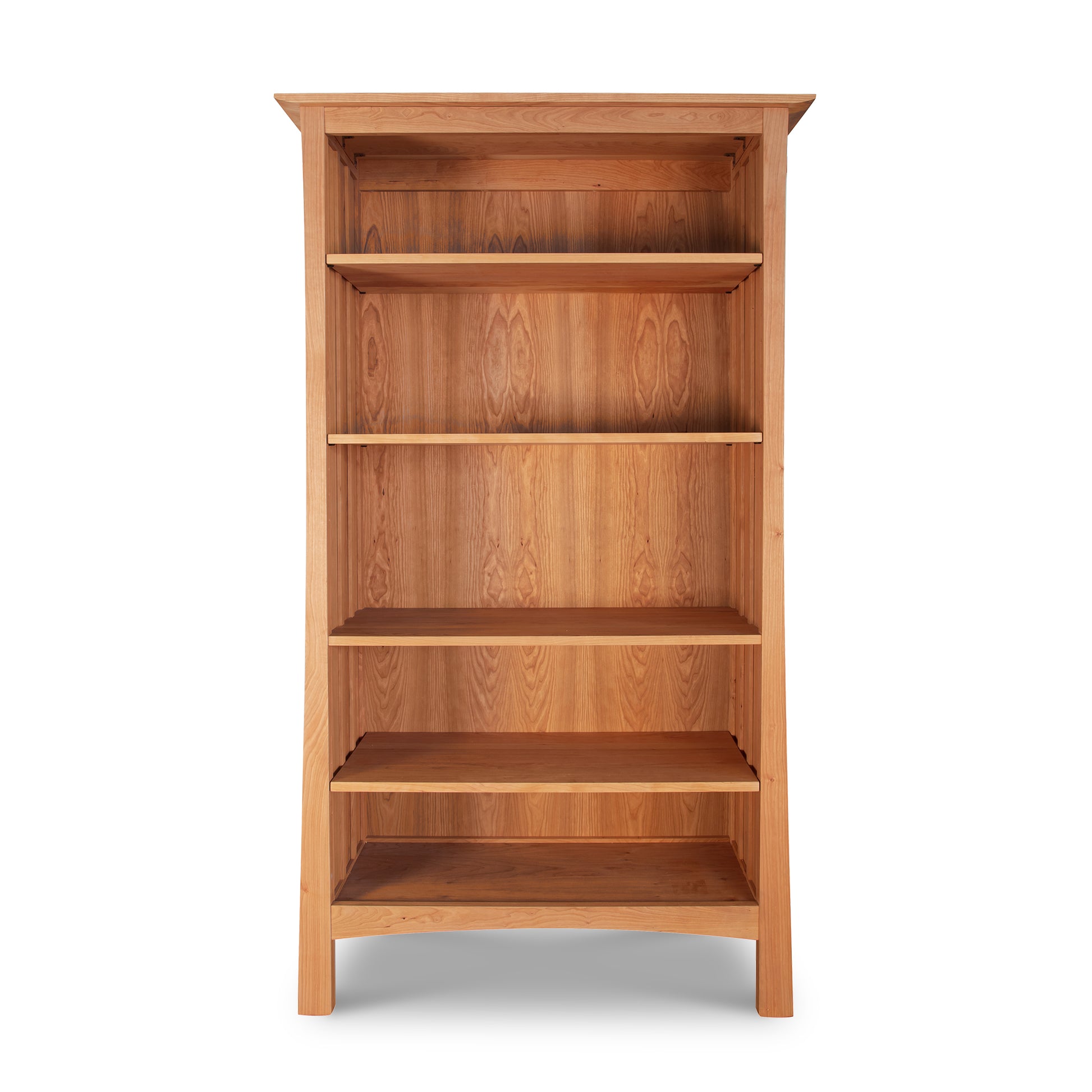 A handmade Contemporary Craftsman Custom Bookcase with four shelves, standing against a white background by Vermont Furniture Designs.