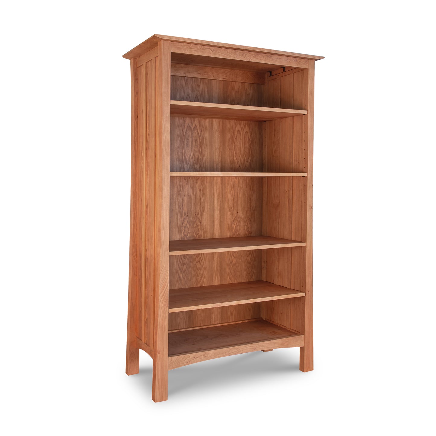 A Vermont Furniture Designs Contemporary Craftsman Custom Bookcase with four shelves, isolated on a white background.