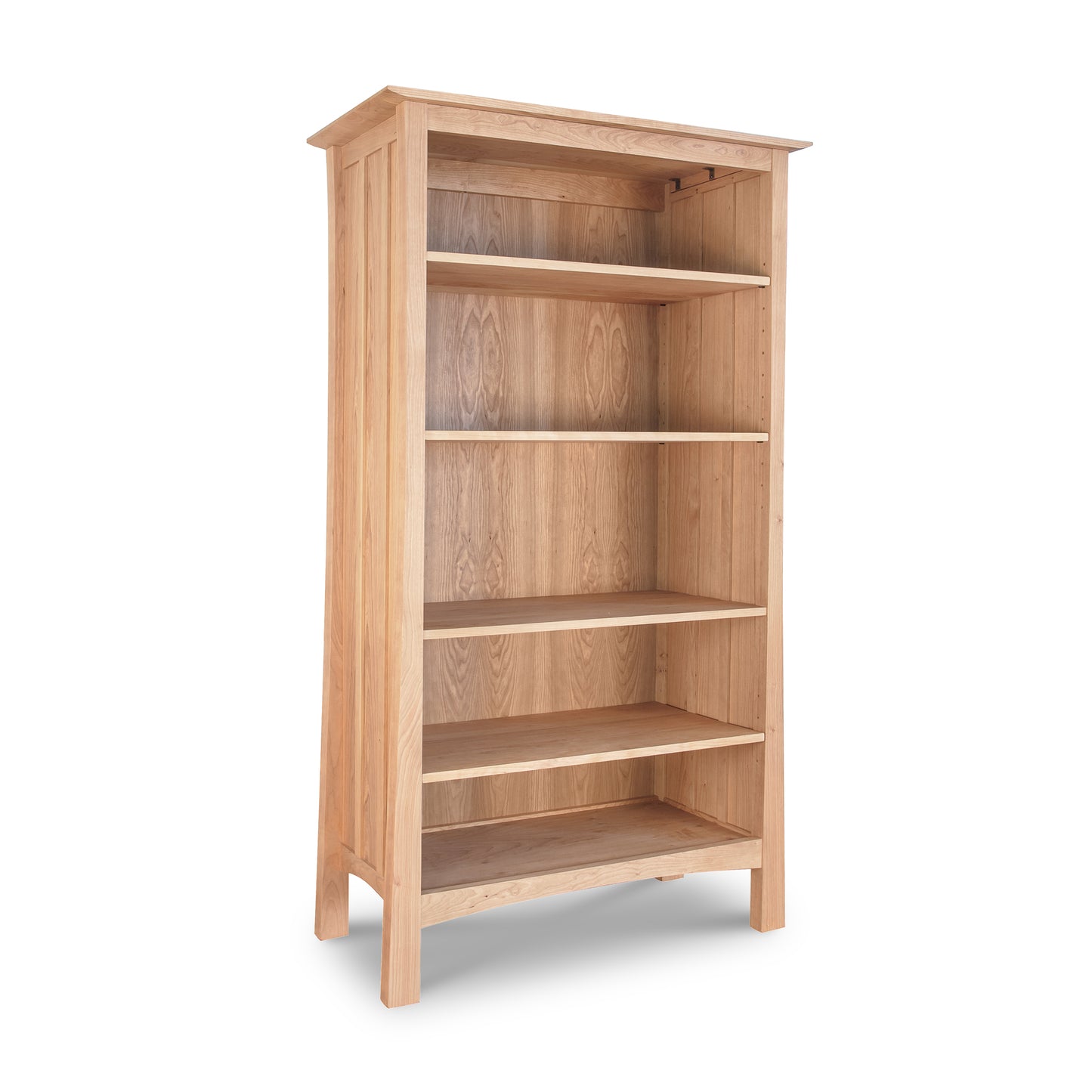 A Vermont Furniture Designs Contemporary Craftsman Custom Bookcase with four shelves, isolated on a white background.