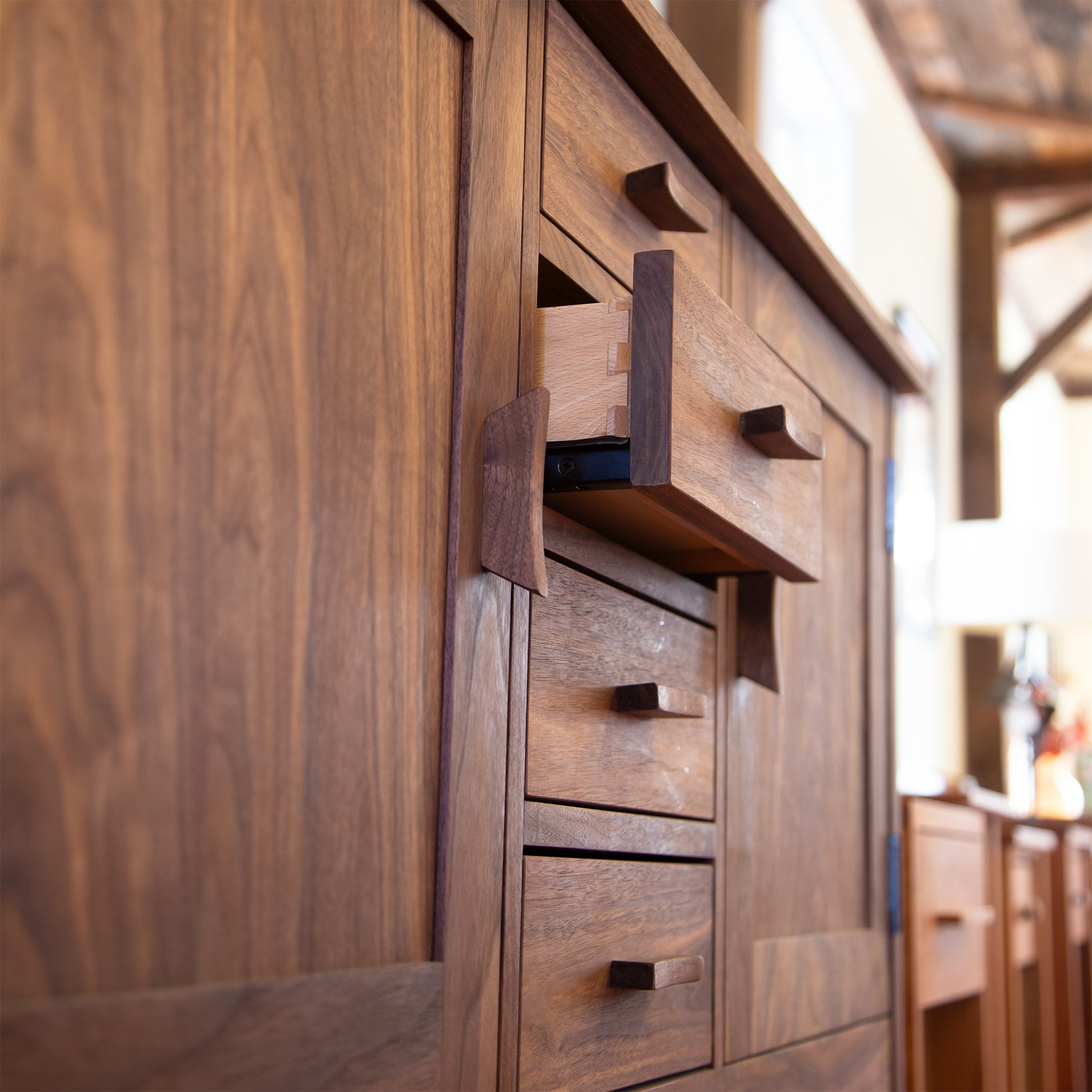 Solid wood Vermont Furniture Designs Contemporary Craftsman Huntboard with multiple drawers and square handles, showcasing expert craftsmanship and elegant design.