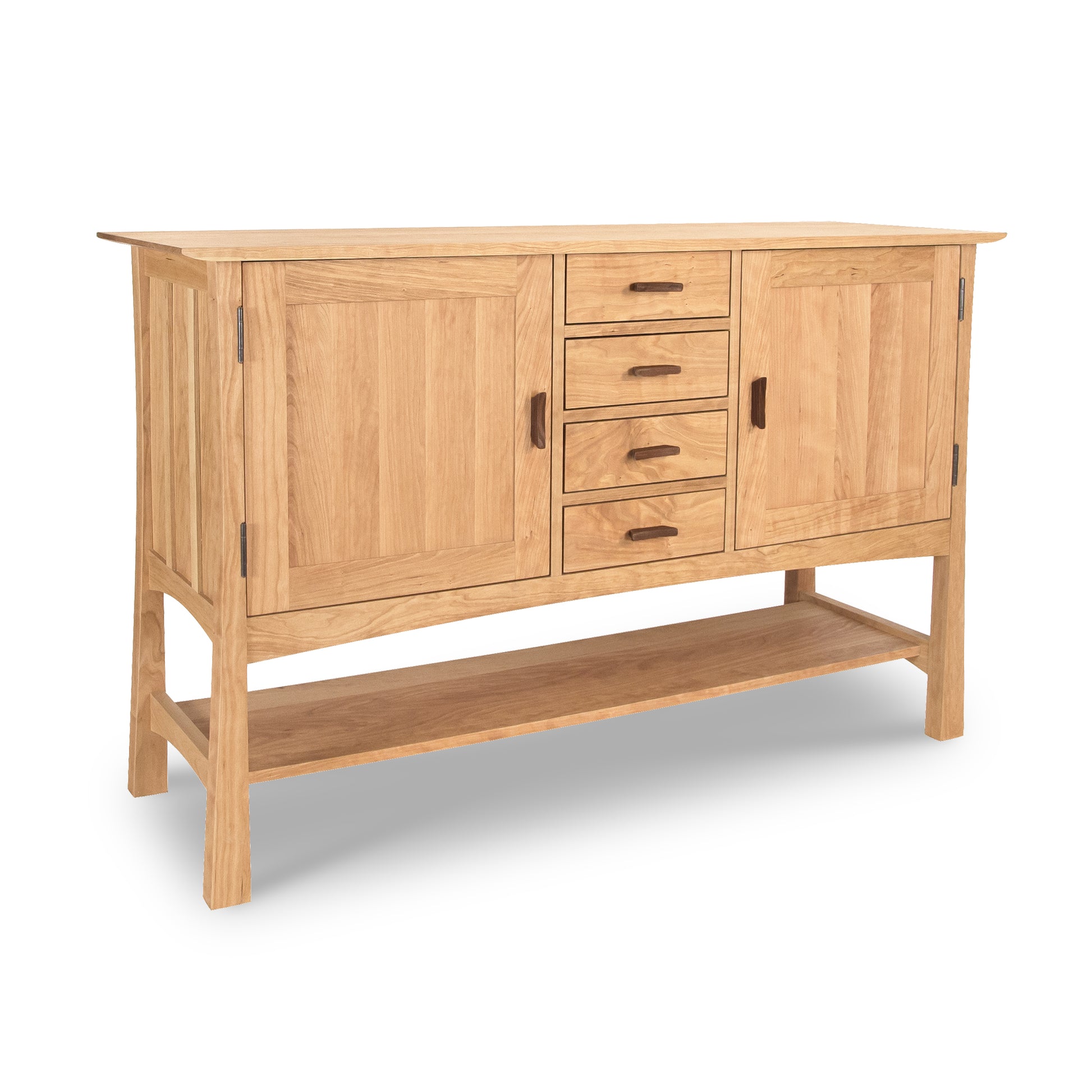 Contemporary Craftsman Huntboard by Vermont Furniture Designs showcasing solid wood construction, dual cabinets, four drawers, metal handles, and a shelf.