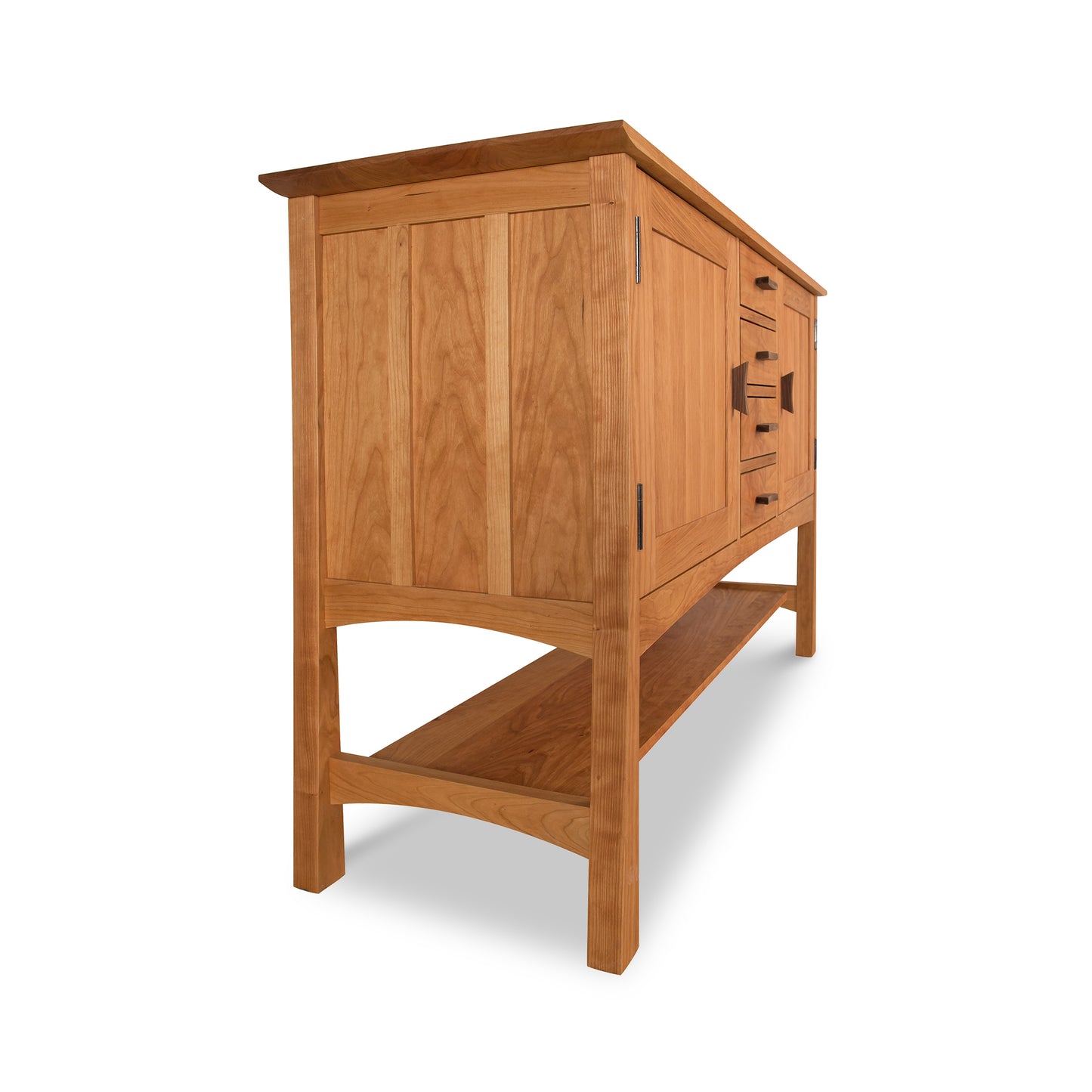 A Vermont Furniture Designs Contemporary Craftsman Huntboard with cabinets and drawers on a white background, reflecting an Arts & Crafts design.