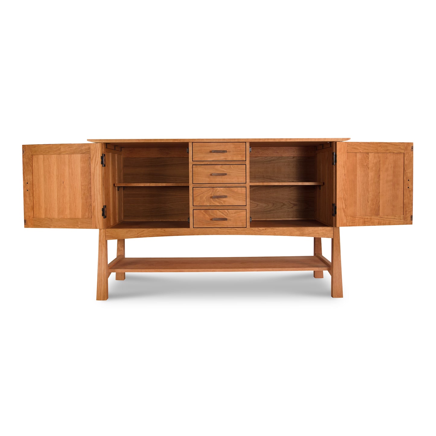 Contemporary Craftsman Huntboard by Vermont Furniture Designs, featuring solid wood craftsmanship, shelves, and drawers on four sturdy legs.