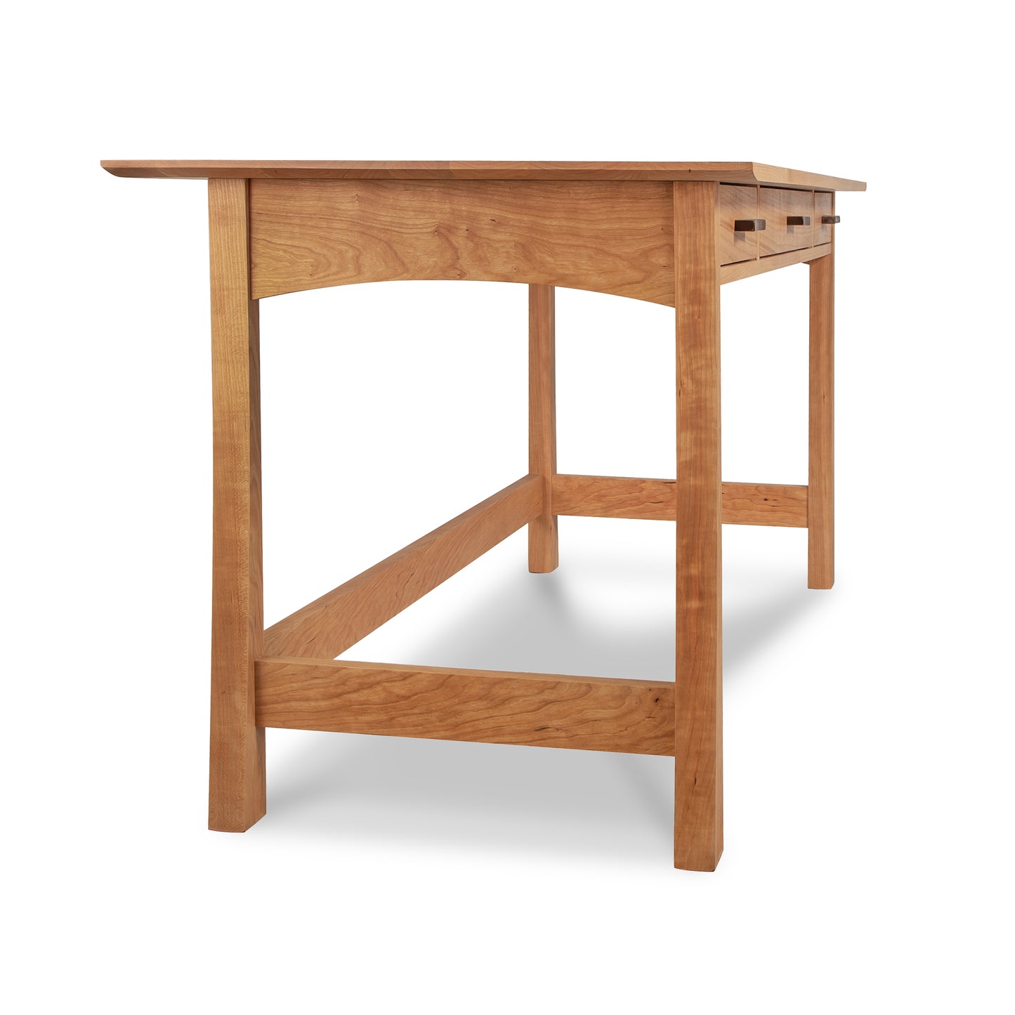 Contemporary Craftsman Library Desk from Vermont Furniture Designs with an open drawer on the right side, isolated against a white background.