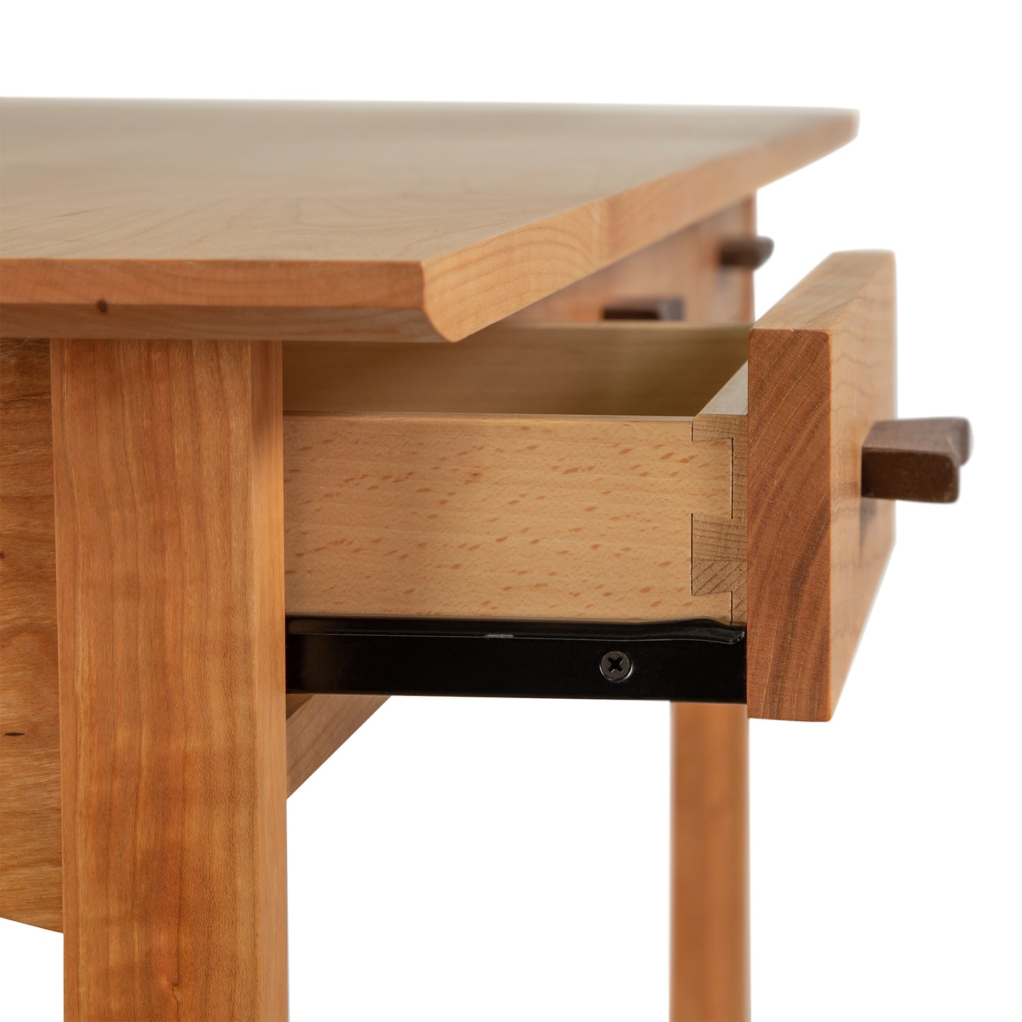 Contemporary Craftsman Library Desk by Vermont Furniture Designs featuring an open drawer with exposed dovetail joints and metal slides, highlighting detailed craftsmanship.