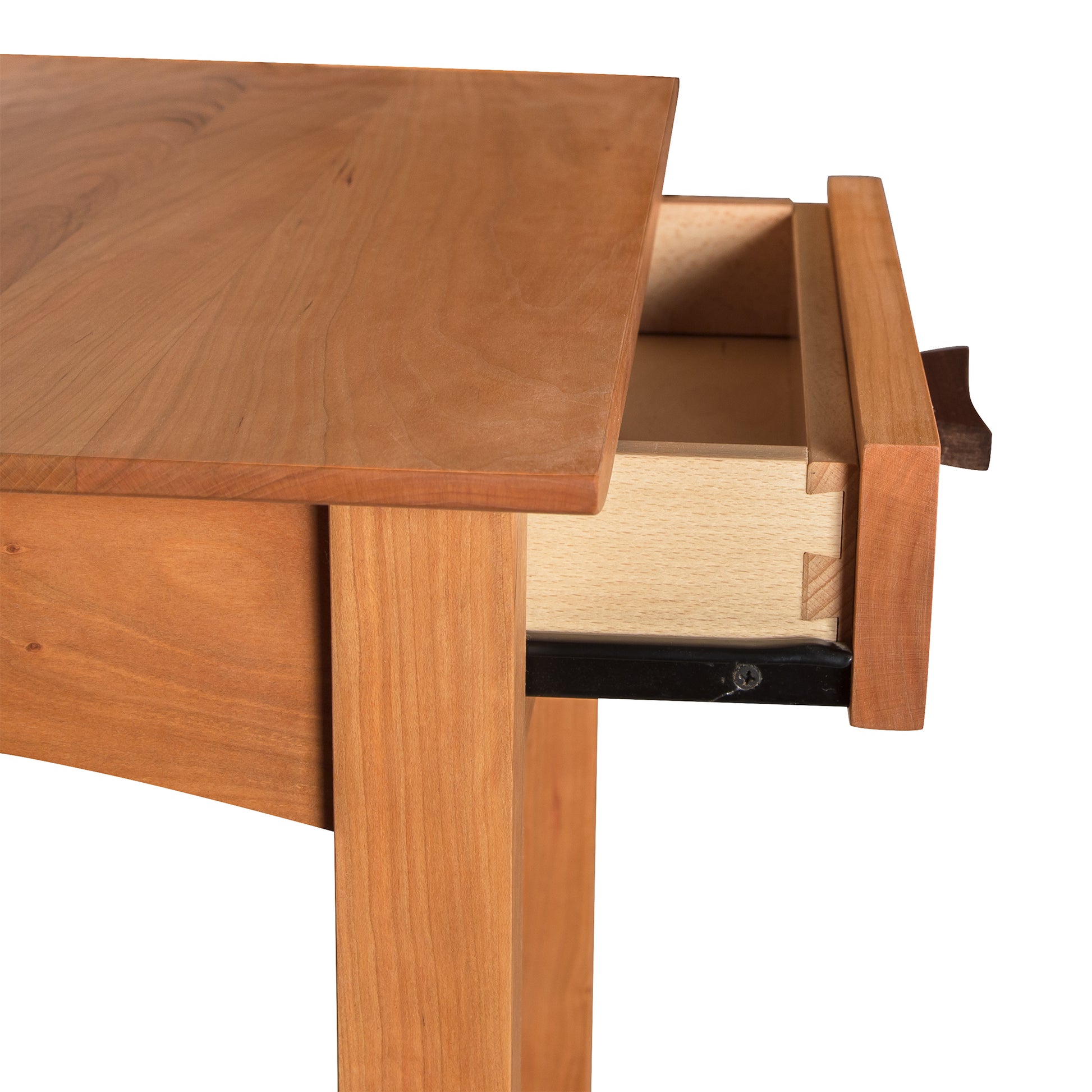 Vermont Furniture Designs nightstand with open drawer, eco-friendly finish, and metal slide hardware.