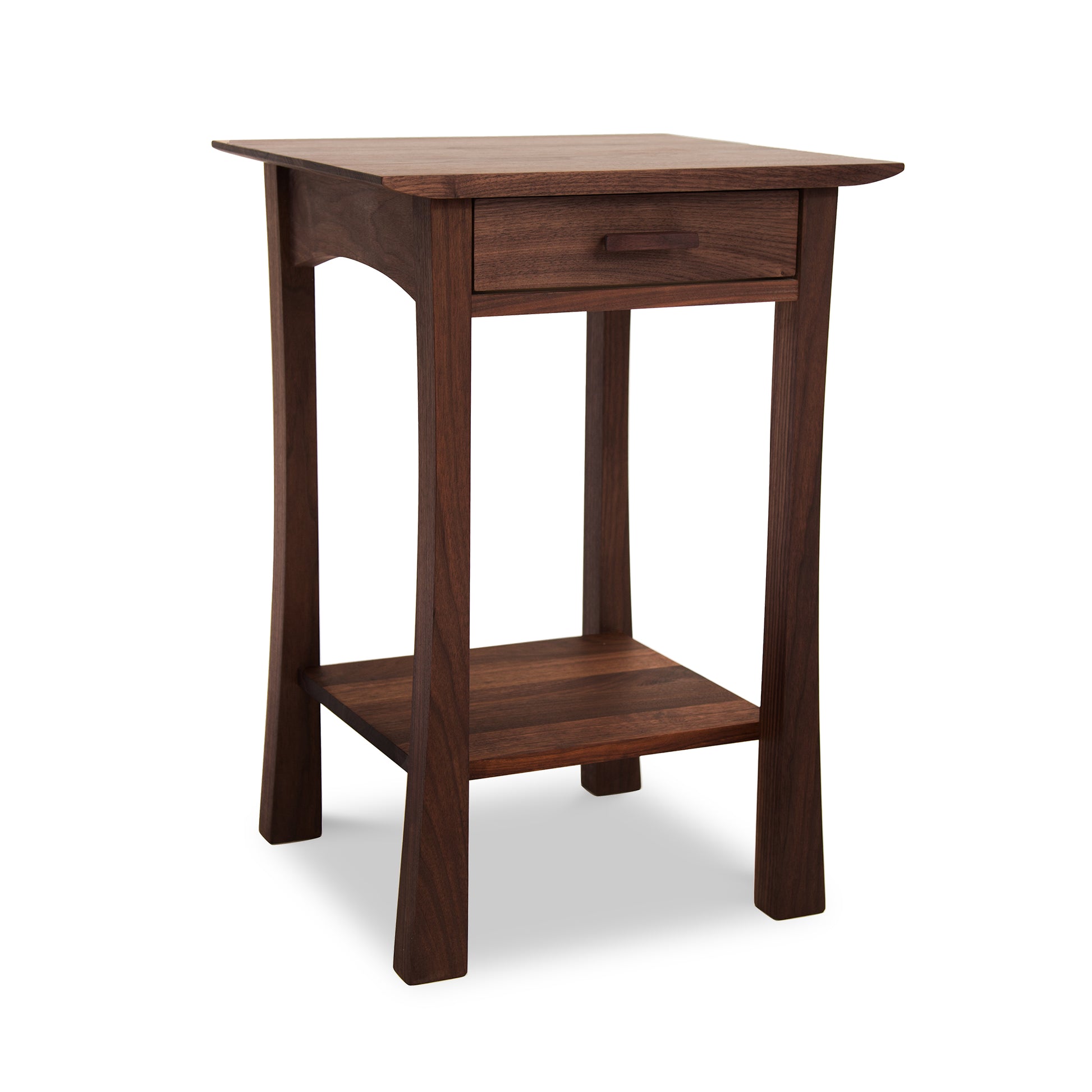 Contemporary Craftsman nightstand with a dark brown finish, featuring a rectangular top, one drawer, lower shelf, and four elegantly curved legs.