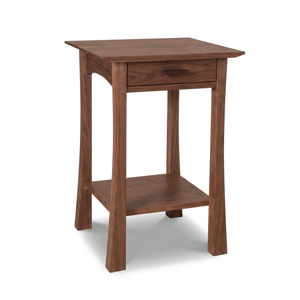 Contemporary Craftsman Nightstand by Vermont Furniture Designs with drawer, open shelf, curved legs, and smooth wood finish.