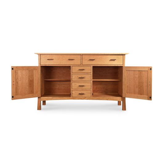 Contemporary Craftsman Sideboard by Vermont Furniture Designs with open doors, drawers, and shelves, showcasing fine American craftsmanship.