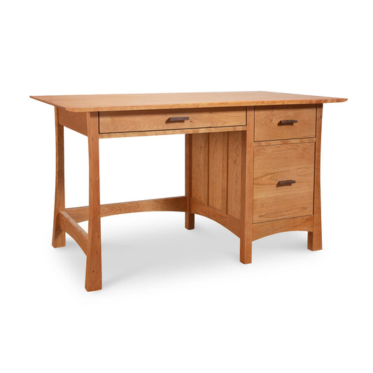 A Vermont Furniture Designs Contemporary Craftsman study desk, made from solid wood with three drawers and a cabinet, isolated on a white background.