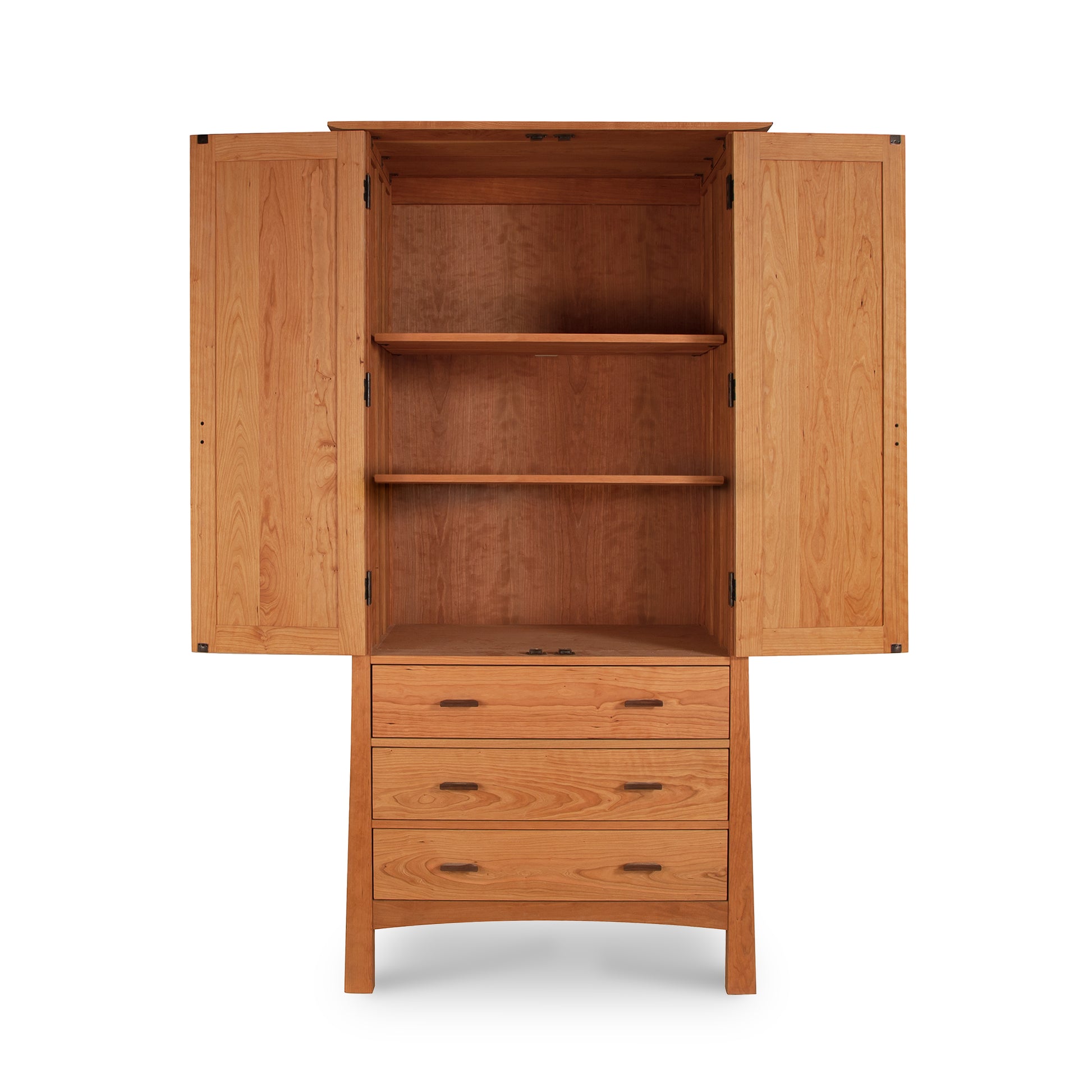 Contemporary Craftsman Tall Armoire by Vermont Furniture Designs with natural wood finish, two doors, shelves, and four drawers.