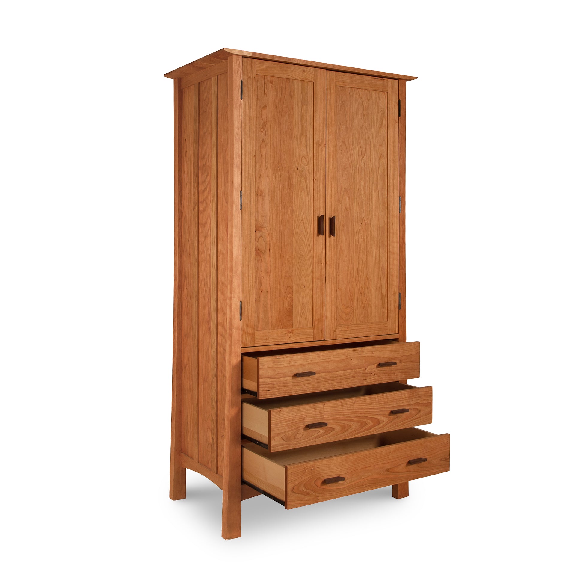 Contemporary Craftsman Tall Armoire with two paneled doors and three partially open lower drawers, showcasing fine American craftsmanship.