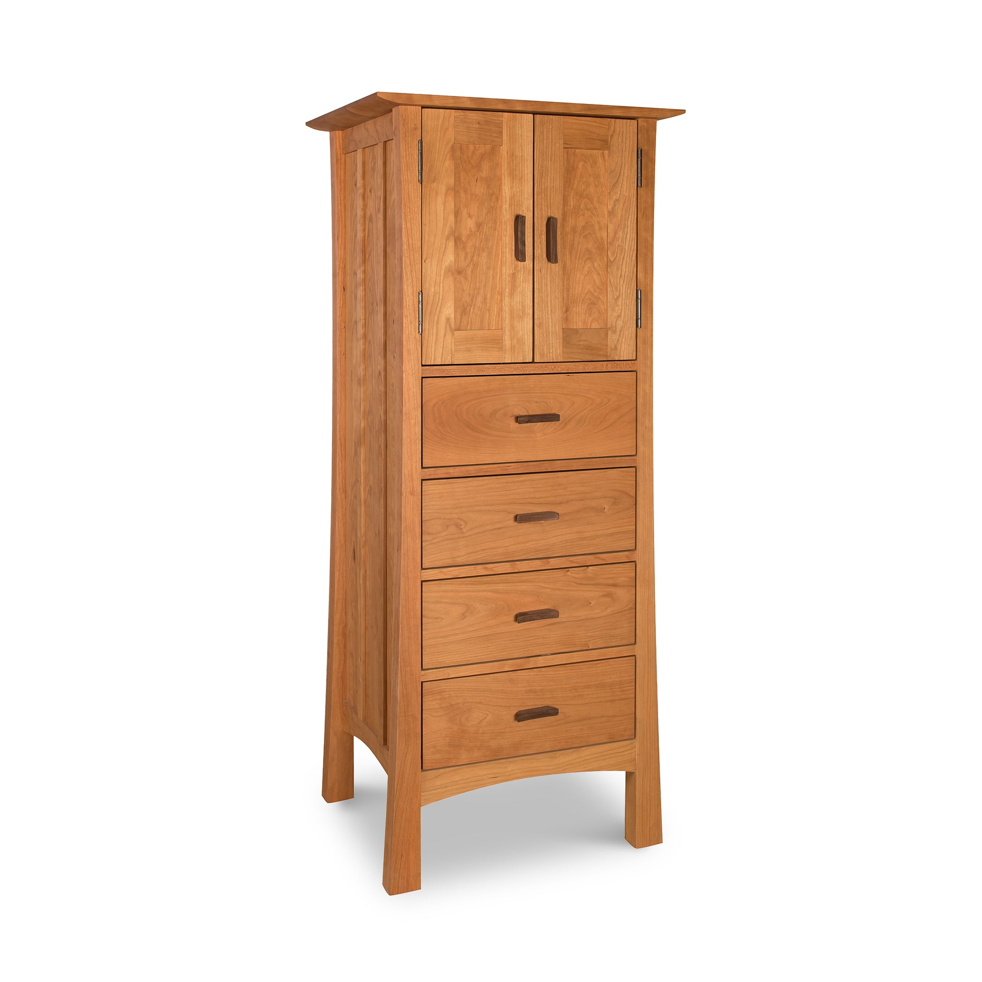 Contemporary Craftsman Tall Storage Chest with four drawers, a cabinet, and metal handles in natural wood finish, handcrafted by Vermont Furniture Designs.