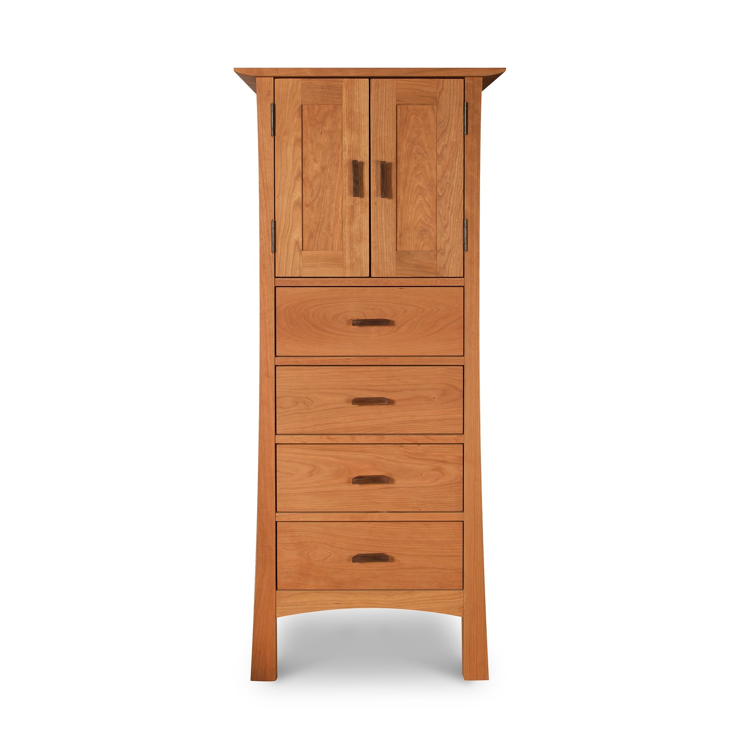 A Vermont Furniture Designs Contemporary Craftsman Tall Storage Chest with upper doors and four lower drawers, featuring an eco-friendly oil finish, isolated on a white background.