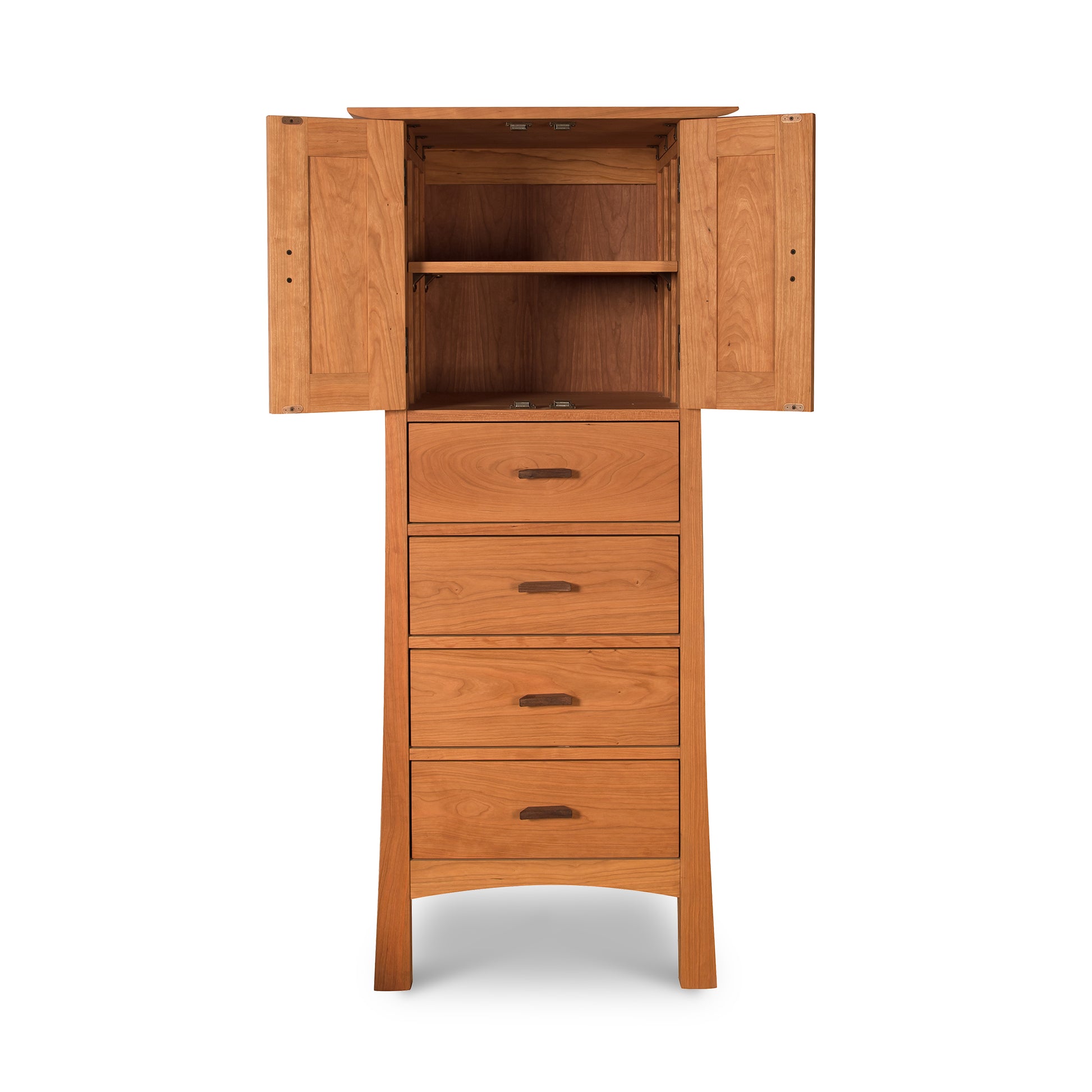 Vermont Furniture Designs Contemporary Craftsman Tall Storage Chest with eco-friendly oil finish, featuring wooden vertical drawers and an open cabinet on top.